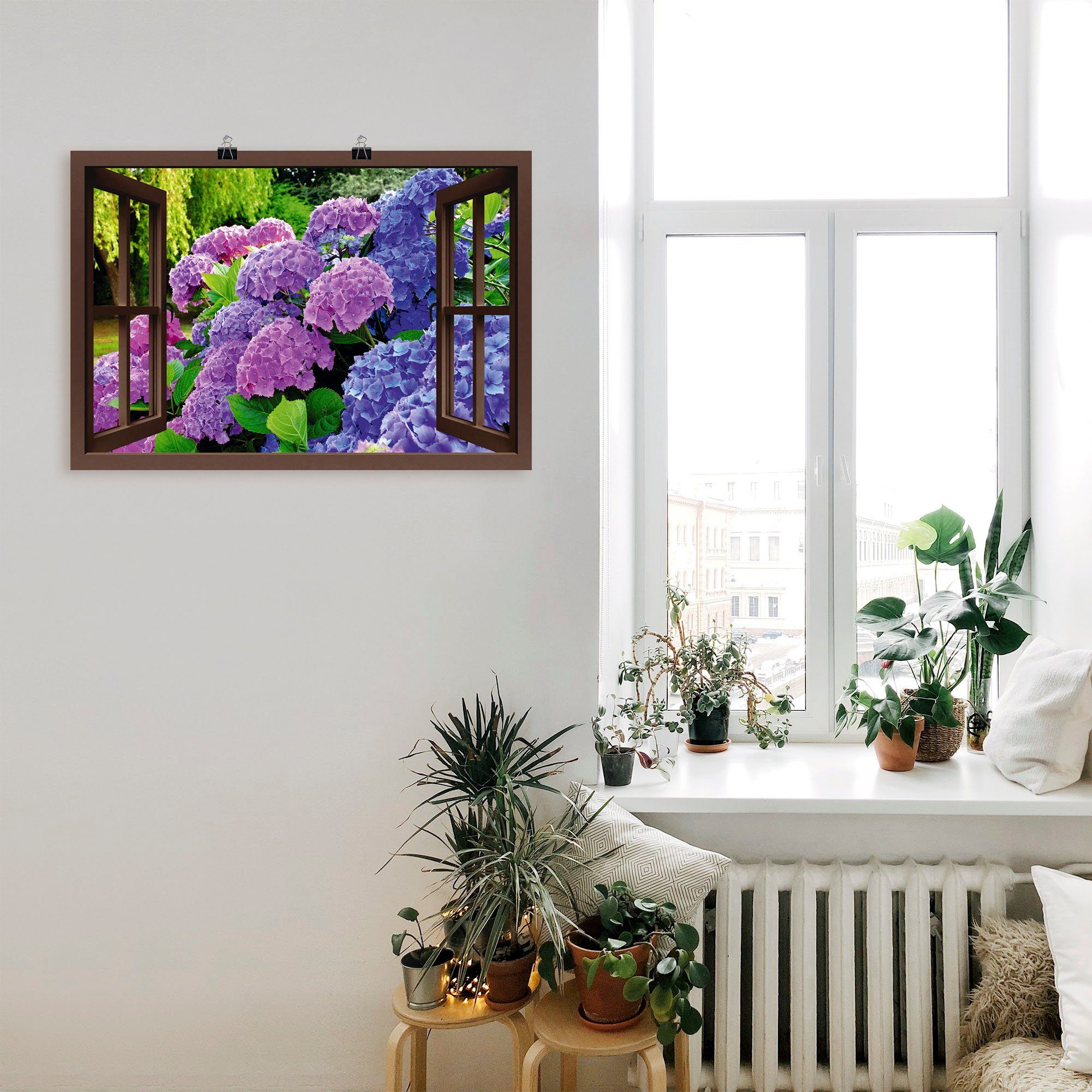 Artland Artprint Blik uit het venster - hortensia's in de tuin als artprint op linnen, poster in verschillende formaten maten