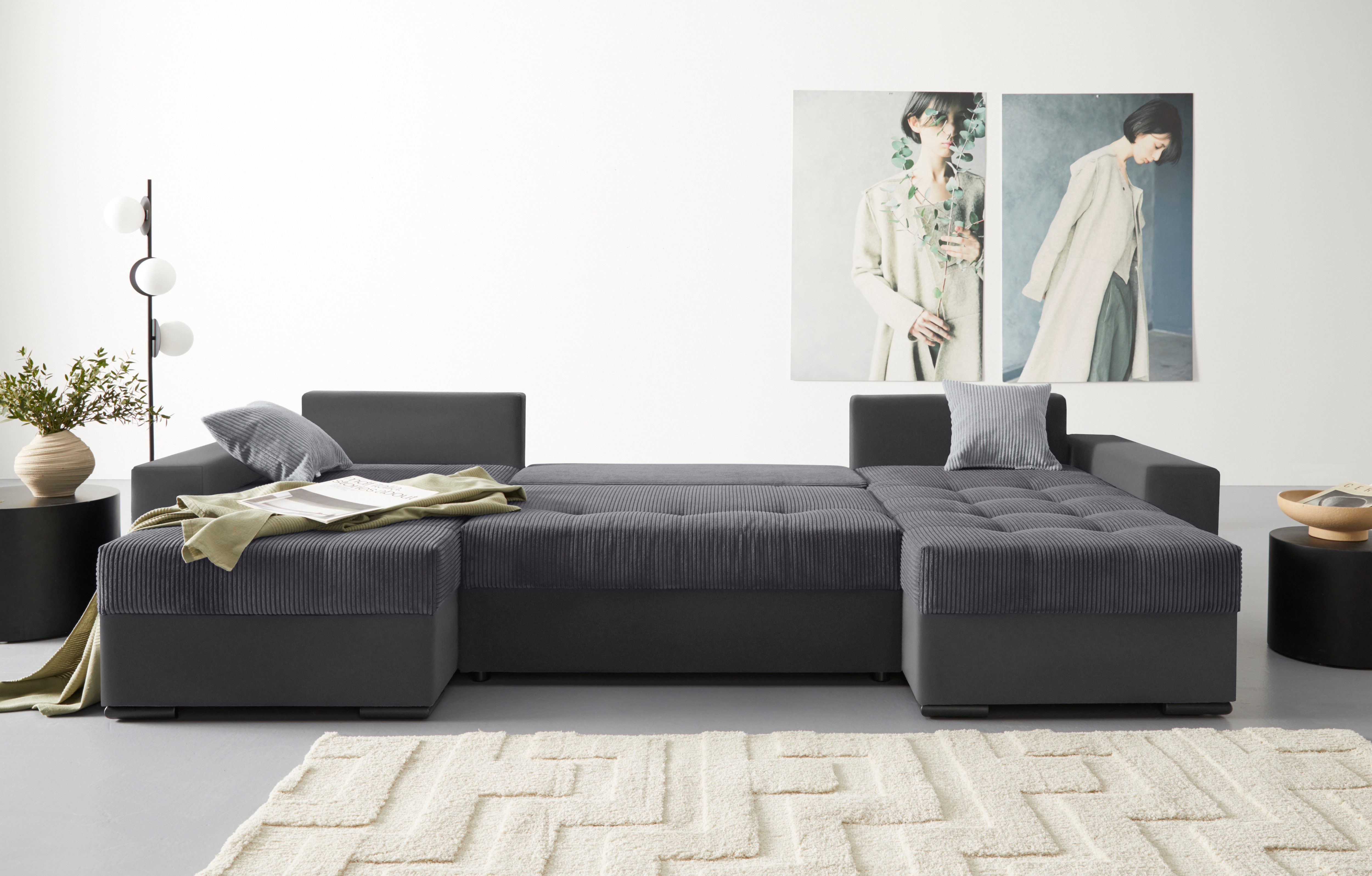 COLLECTION AB Zithoek XL-Josy U-vorm, breedte 313 cm, cord-/mix incl. bedfunctie, bedlade, met 4 gelijk grote rugkussens
