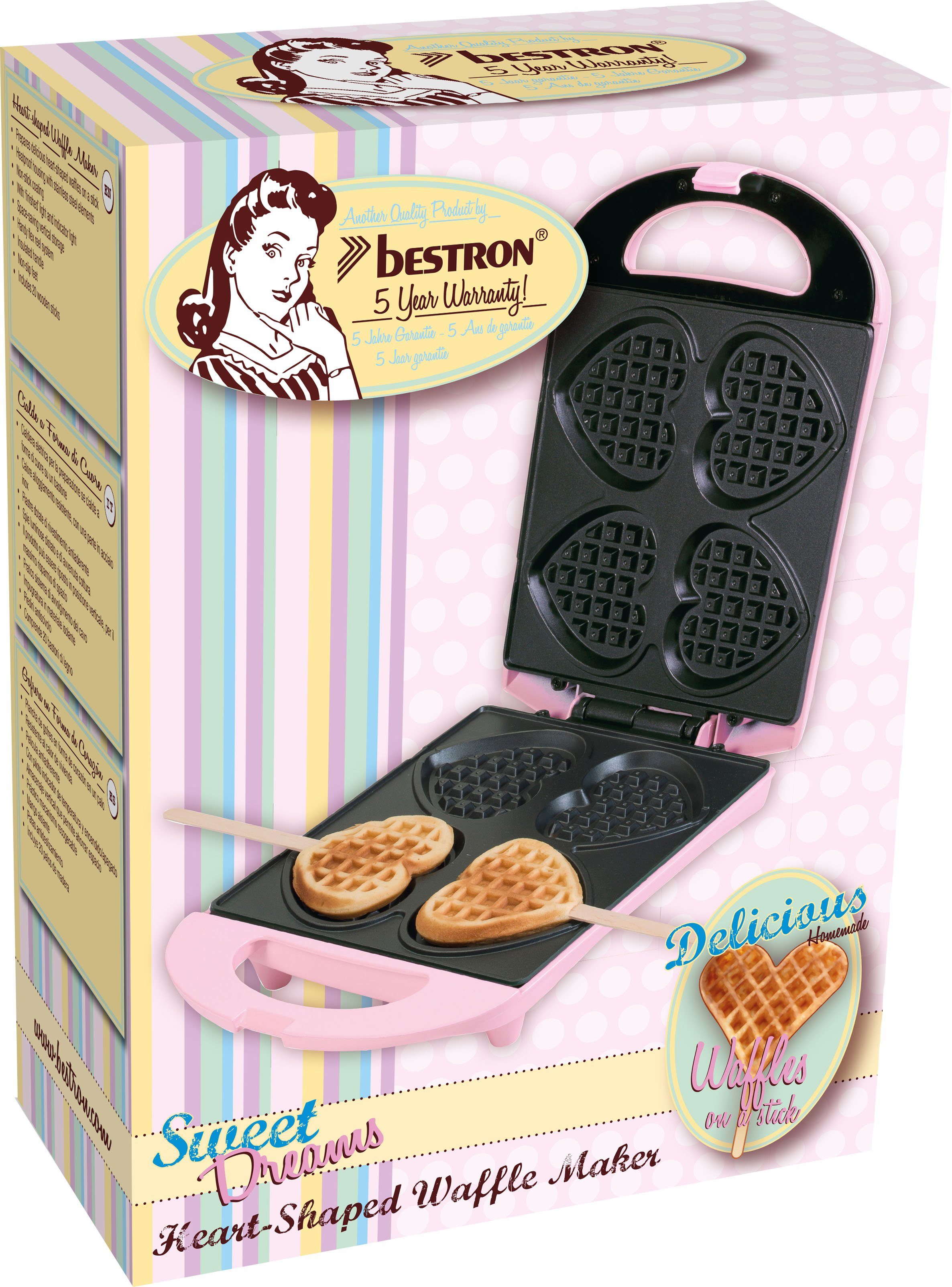 bestron Wafelijzer DSW271 voor hartwafels aan een stok voor hartvormige wafels aan een stokje, retrodesign
