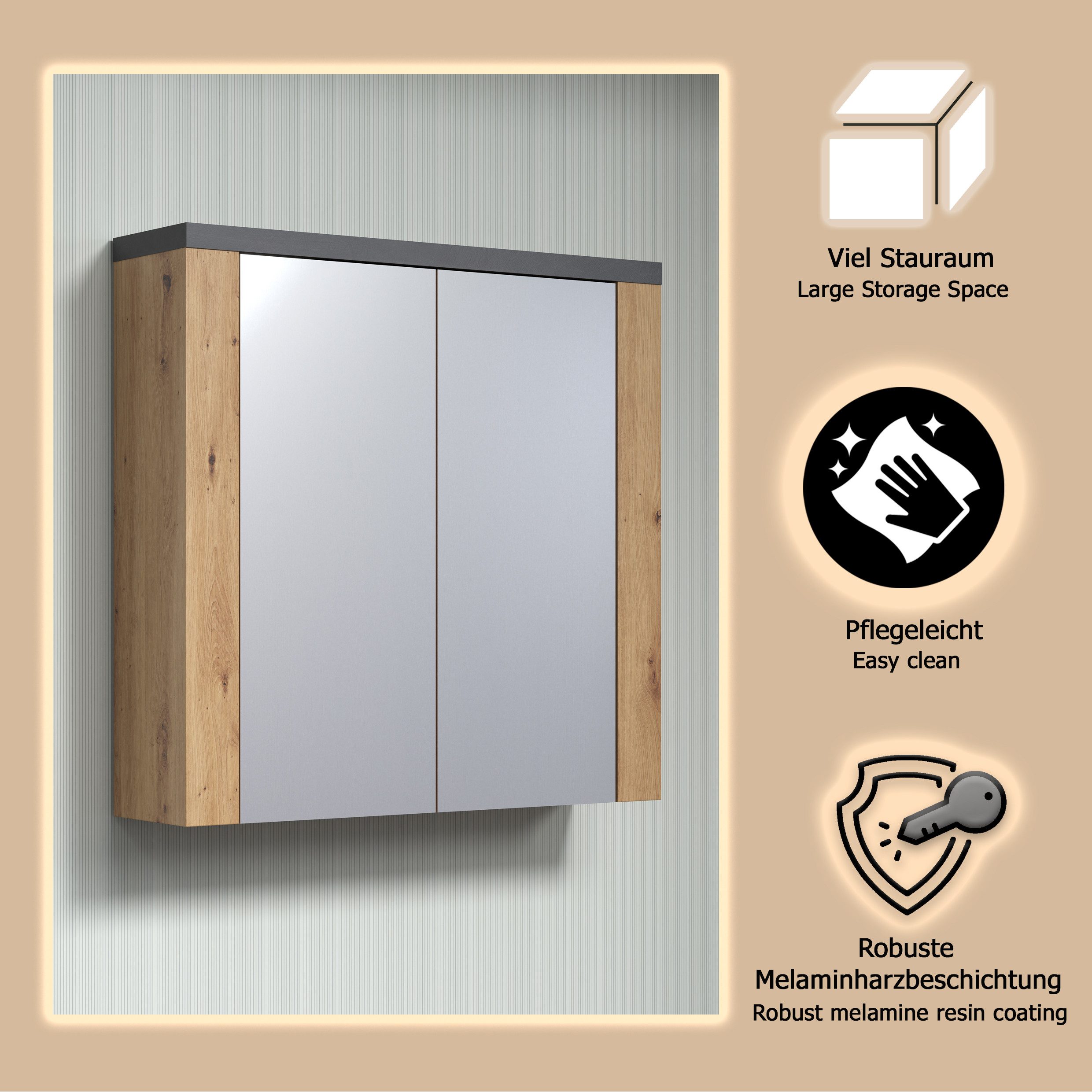 welltime Spiegelkast Ambres Badspiegel in matte echt houtlook - afmetingen (B/D/H) 79/20/78 cm