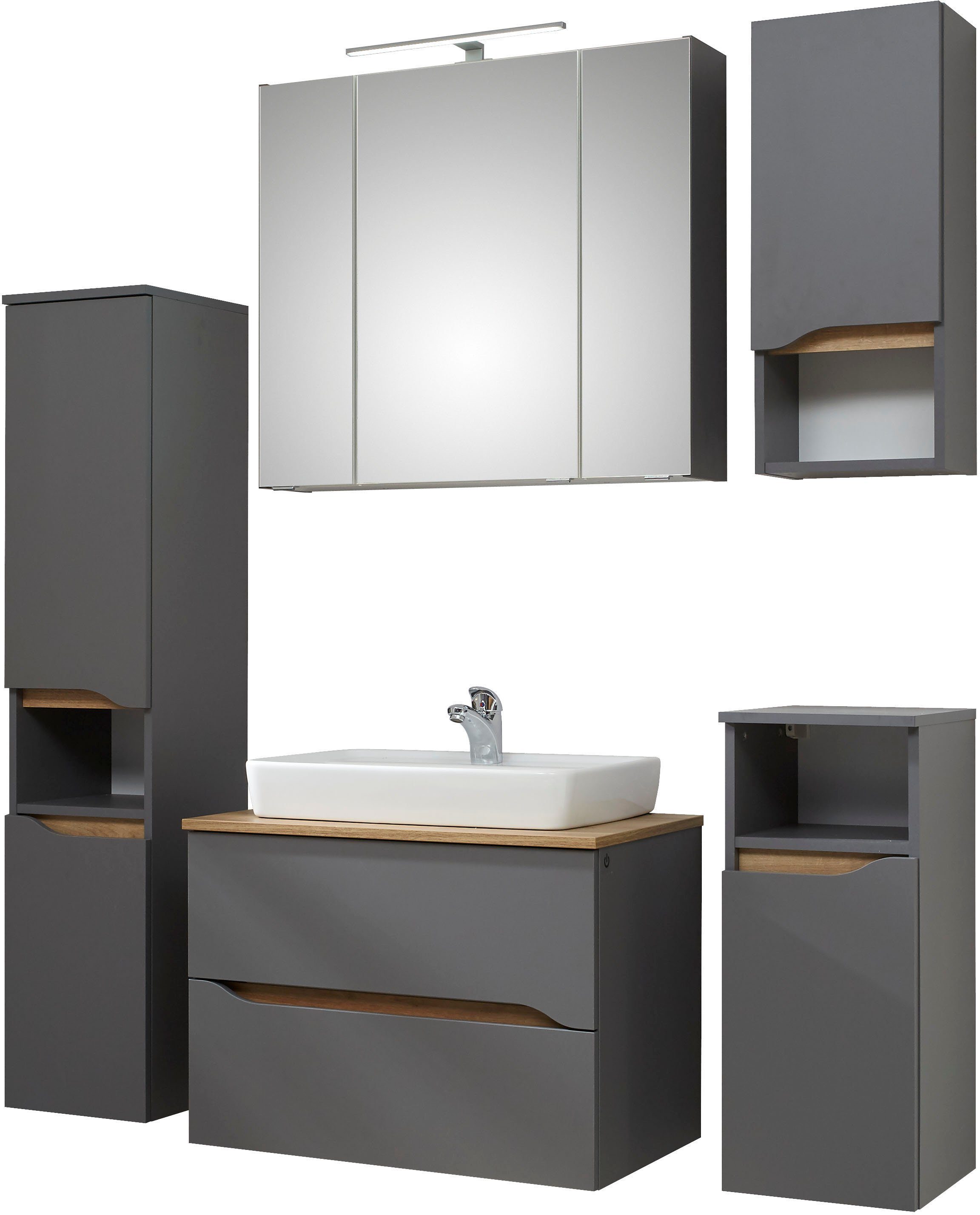 Saphir Badkamerserie Quickset 5-delig, keramische opzetwastafel en LED-spiegelkast Halfhoge kast, onderkast, hangend kastje, inclusief deurdemper, 7 deuren (7-delig)