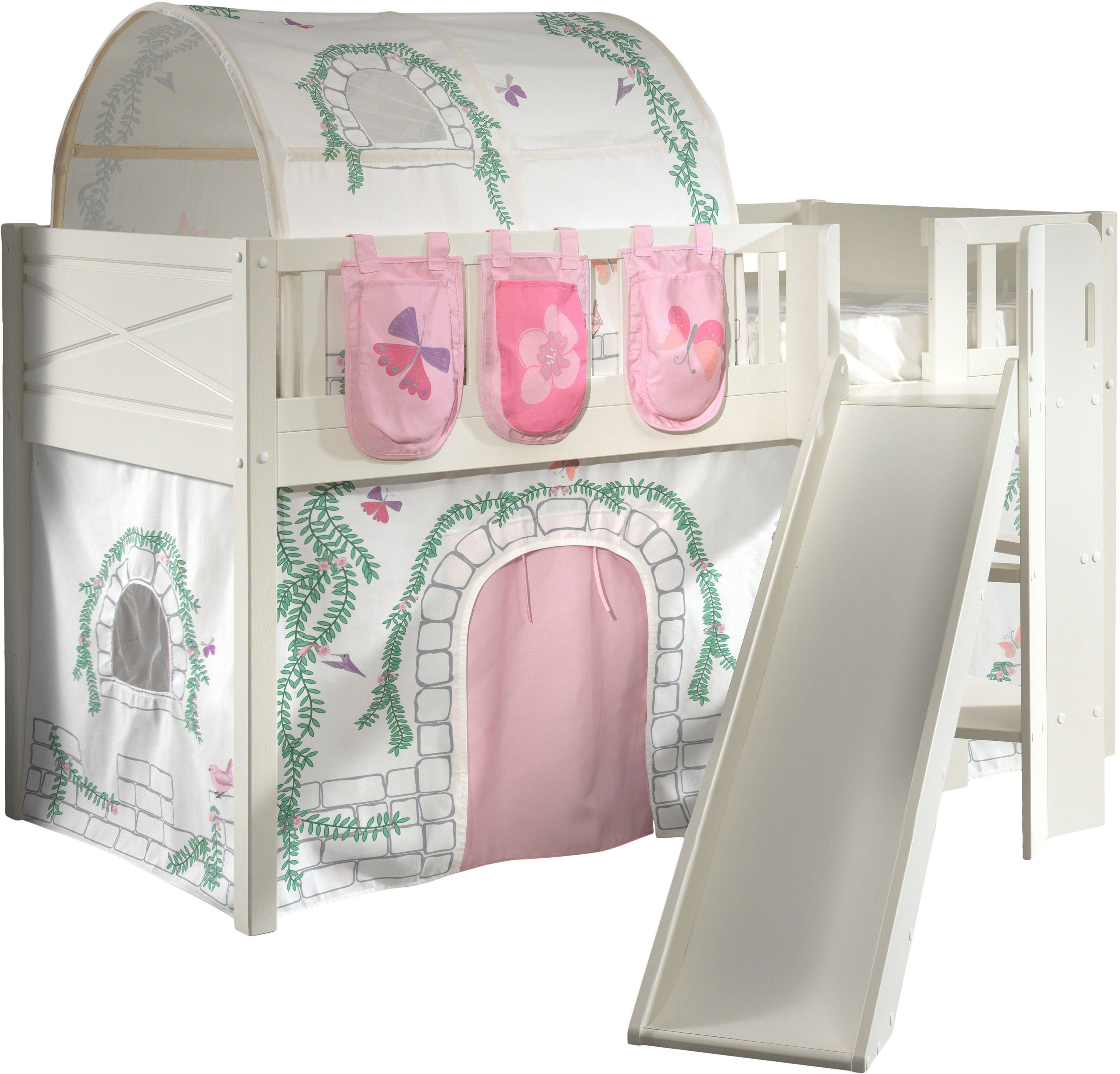 Vipack Hoogslaper Scott met schuine ladder, ligoppervlak 90 x 200 cm, doek, tunnel, 4 designs hoogslapers maat 203,7 cm x 207,6 cm x 114 cm wit