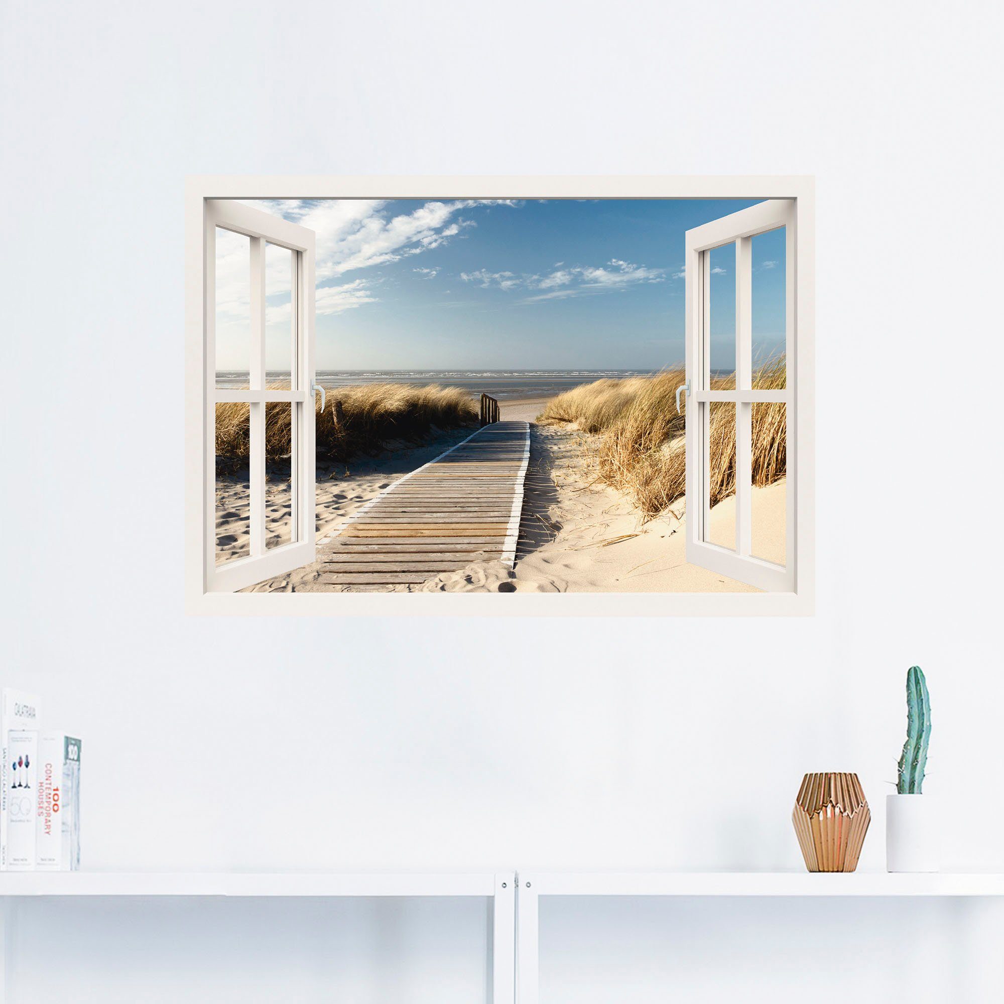 Artland Artprint Blik uit het venster Noordzeestrand op Langeoog als artprint op linnen, poster, muursticker in verschillende maten