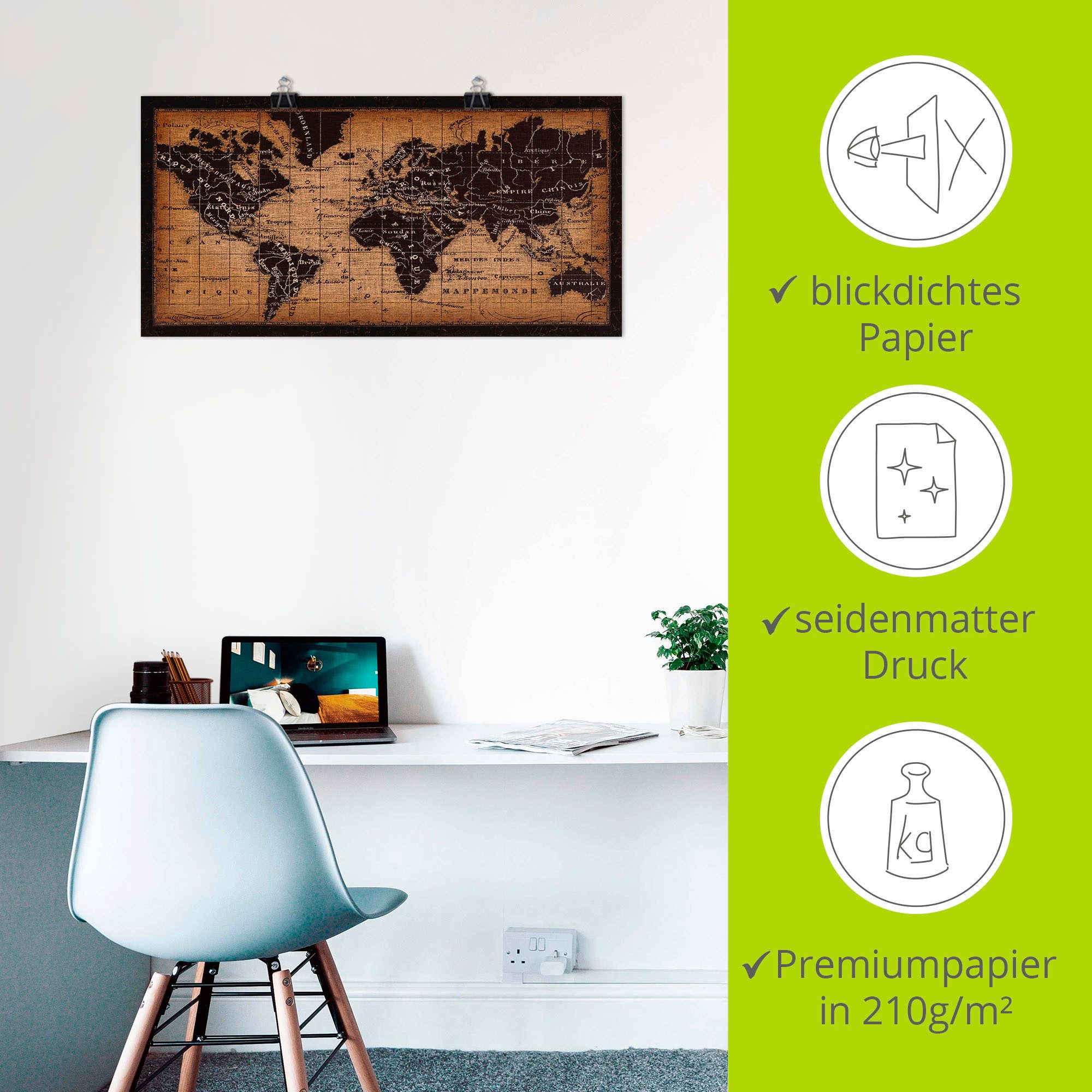Artland Artprint Oude wereldkaart als artprint op linnen, poster, muursticker in verschillende maten
