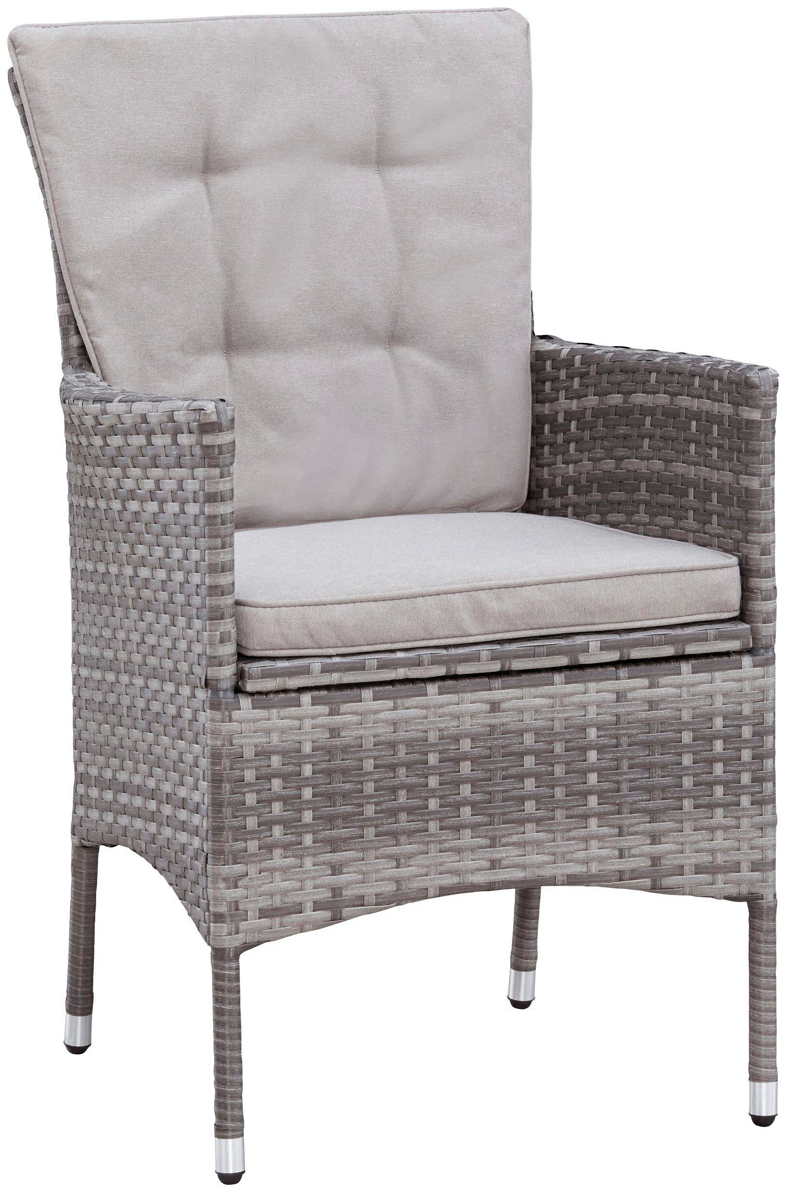 KONIFERA Tuin-eethoek Parla 2 van de 6 stoelen zijn verstelbaar, grijs, tafelblad van veiligheidsglas (set, 21-delig)