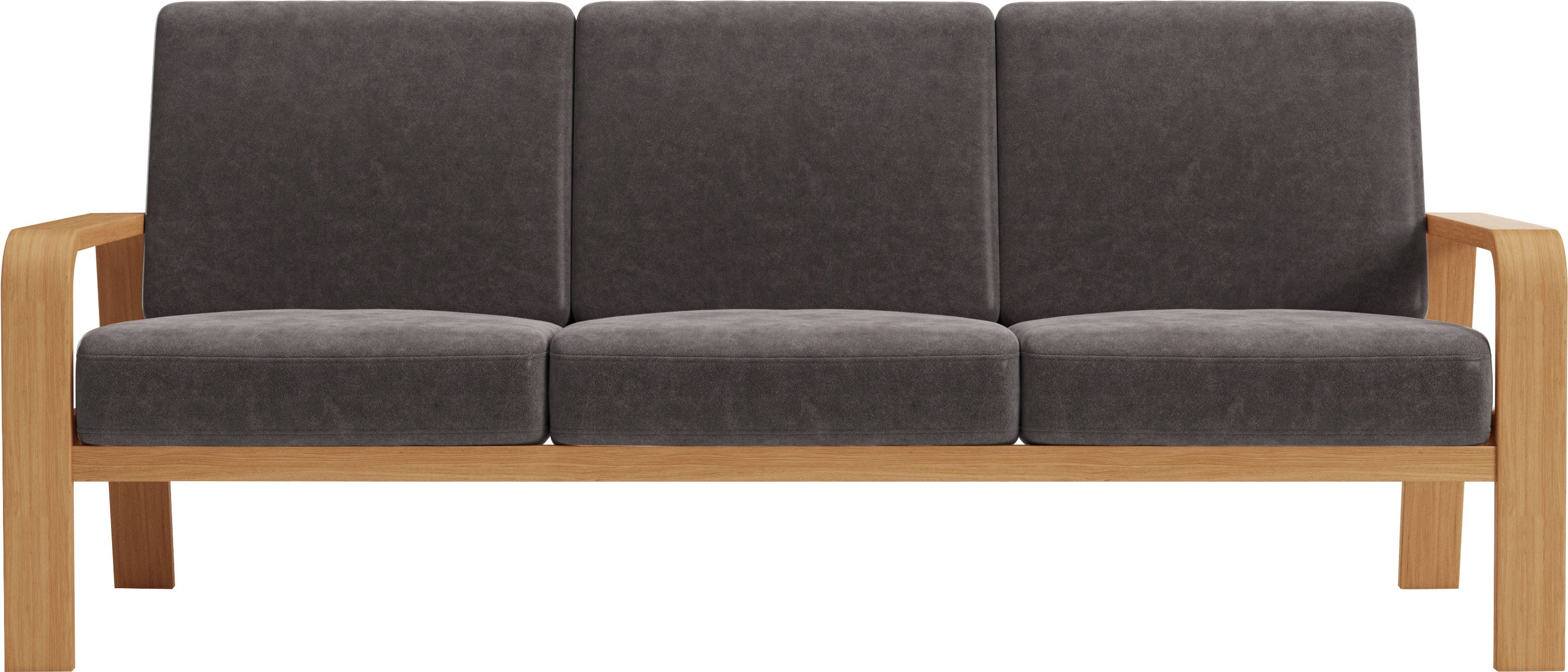 sit&more 3-zitsbank Kolding Armleuningen van eikenkleurig beukenhout, verschillende bekledingen en kleuren grijs, 3-zitsbanken, 200 cm