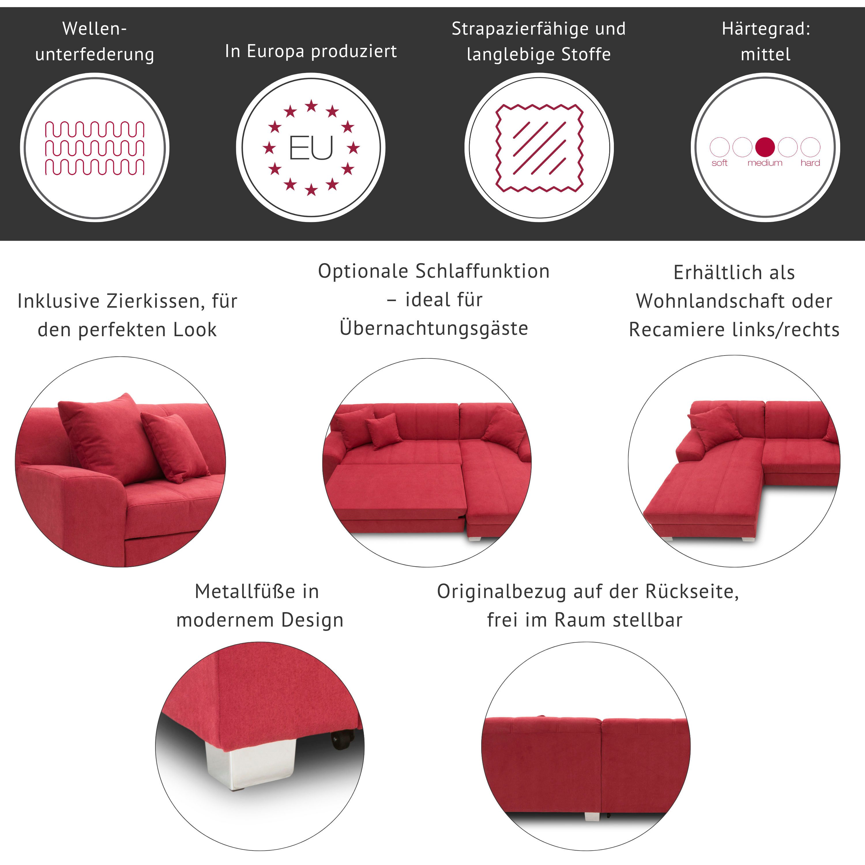 DOMO collection Hoekbank Turah incl. sierkussens, modern doorgestikt, ook in leer naar keuze met slaapfunctie, bedbank, bxdxh: 239x152x75 cm, l-model