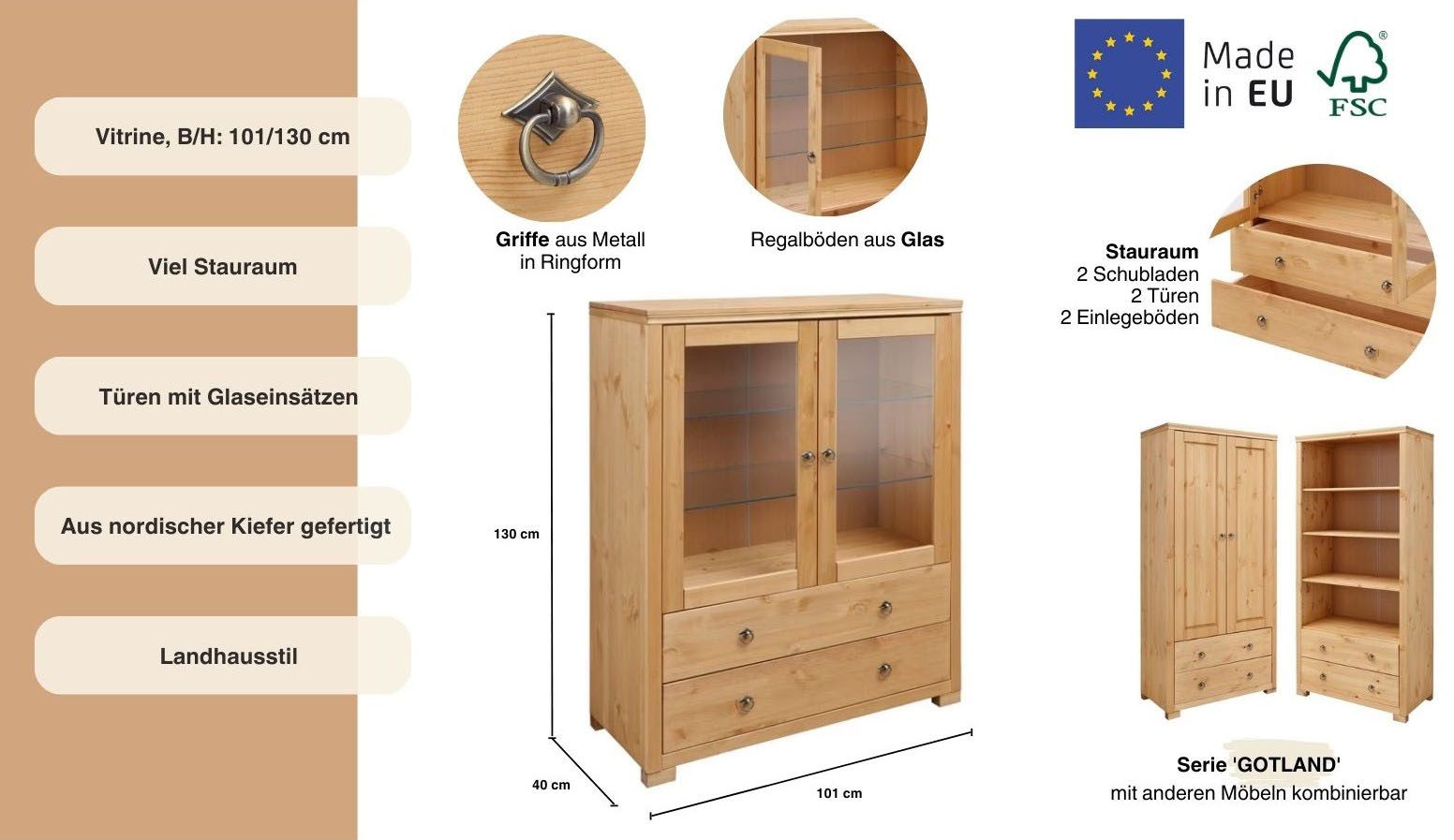 Home affaire Highboard Gotland Vitrine, breedte 101 cm, deuren met glazen inzetstukken, van massief dennenhout