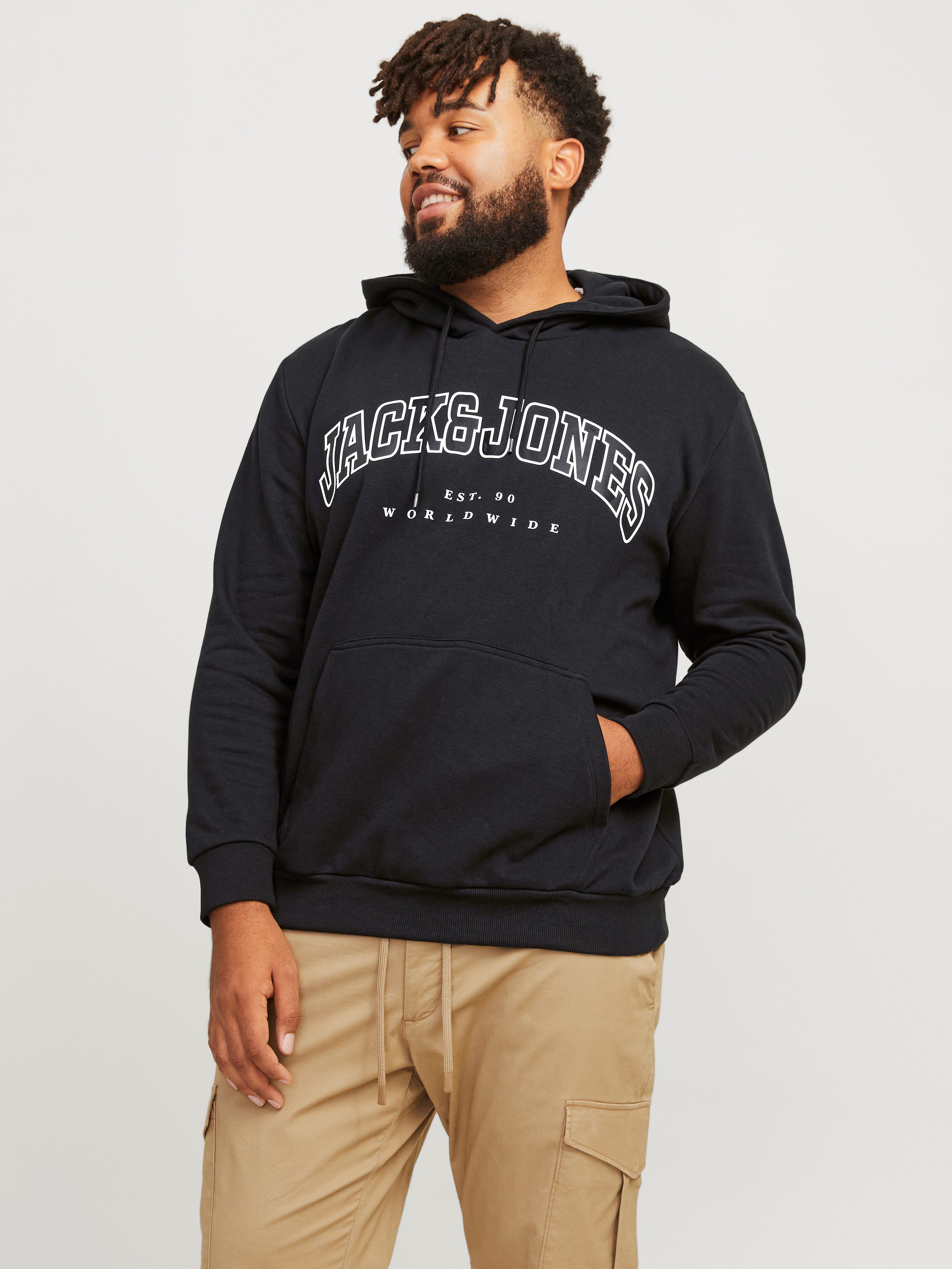 Jack & Jones PlusSize Hoodie JJECALEB VARSITY SWEAT HOOD NOOS PLS heren sweaters maat XXXL zwart