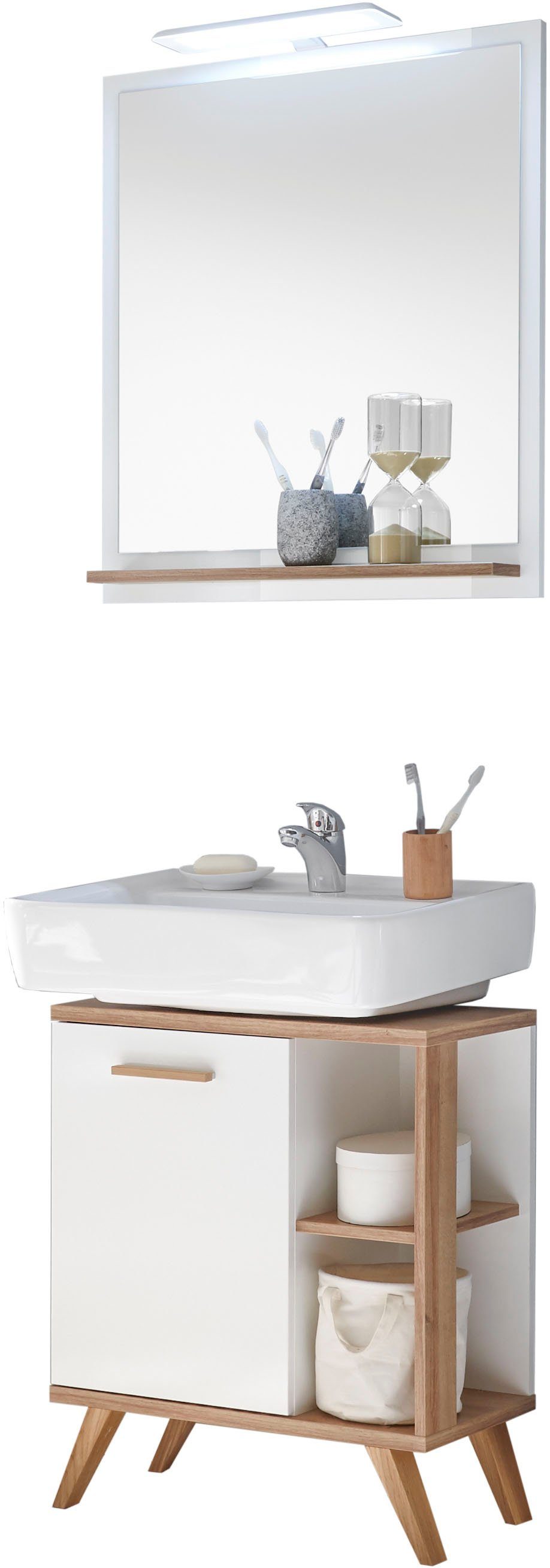 Saphir Badkamerserie Quickset 2-delig, wastafelonderkast met led-spiegel Wastafelmeubel inclusief deurdemper, 60,5 cm breed, 1 deur, opzij legplanken