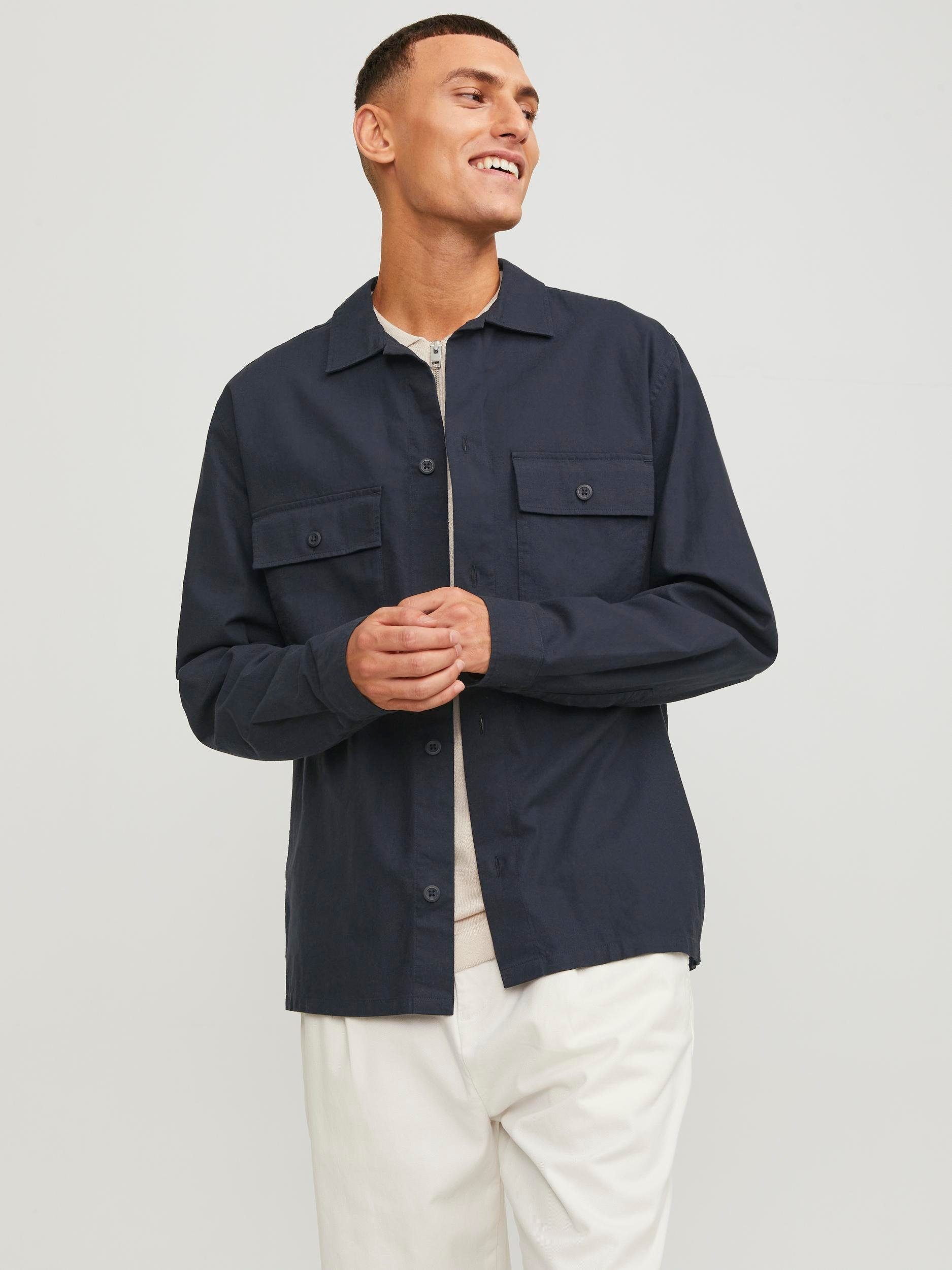 Jack & Jones Overhemd met lange mouwen JJEVENICE LINEN BLEND OVERSHIRT LS SN heren overhemden maat XS zwart