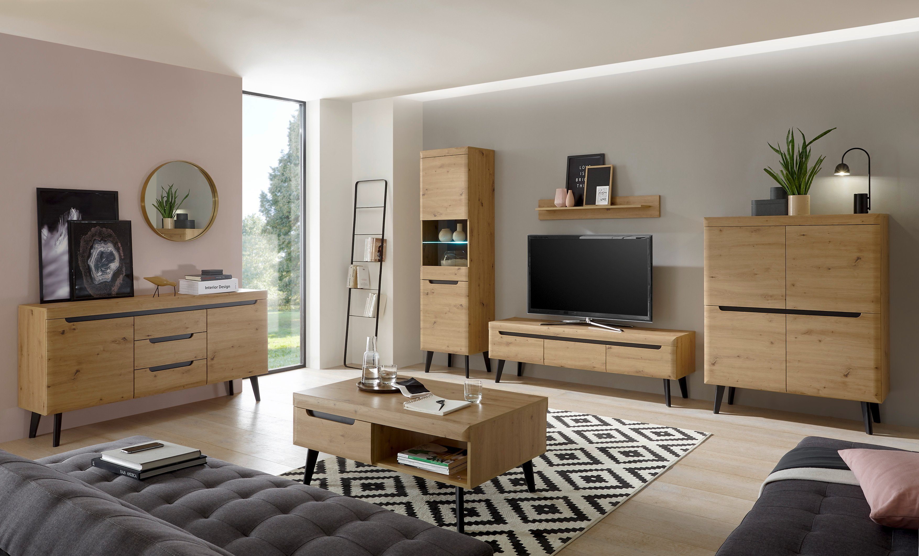 INOSIGN Wandmeubel Torge, wandmeubel, kastwand, mediawand, woonkamer-set bevat 1 vitrine, 1 lowboard, 1 highboard + 1 wandplank, 360 cm breed (set, 4-delig)