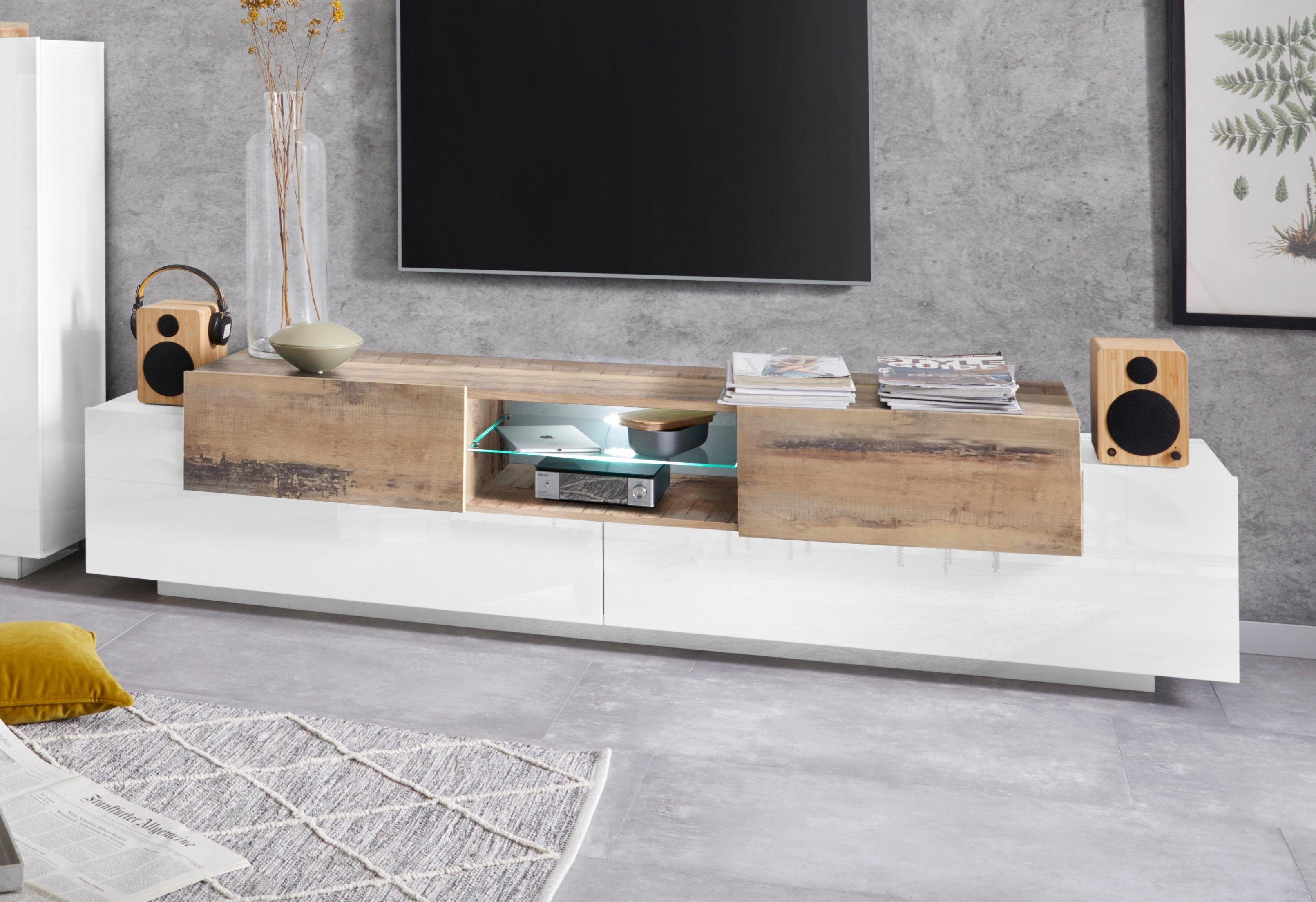 INOSIGN Tv-meubel Coro, lowboard, TV-commode, TV-meubelen, TV-bank met 2 kleppen, 2 deuren, 1 glazen plank, breedte 220