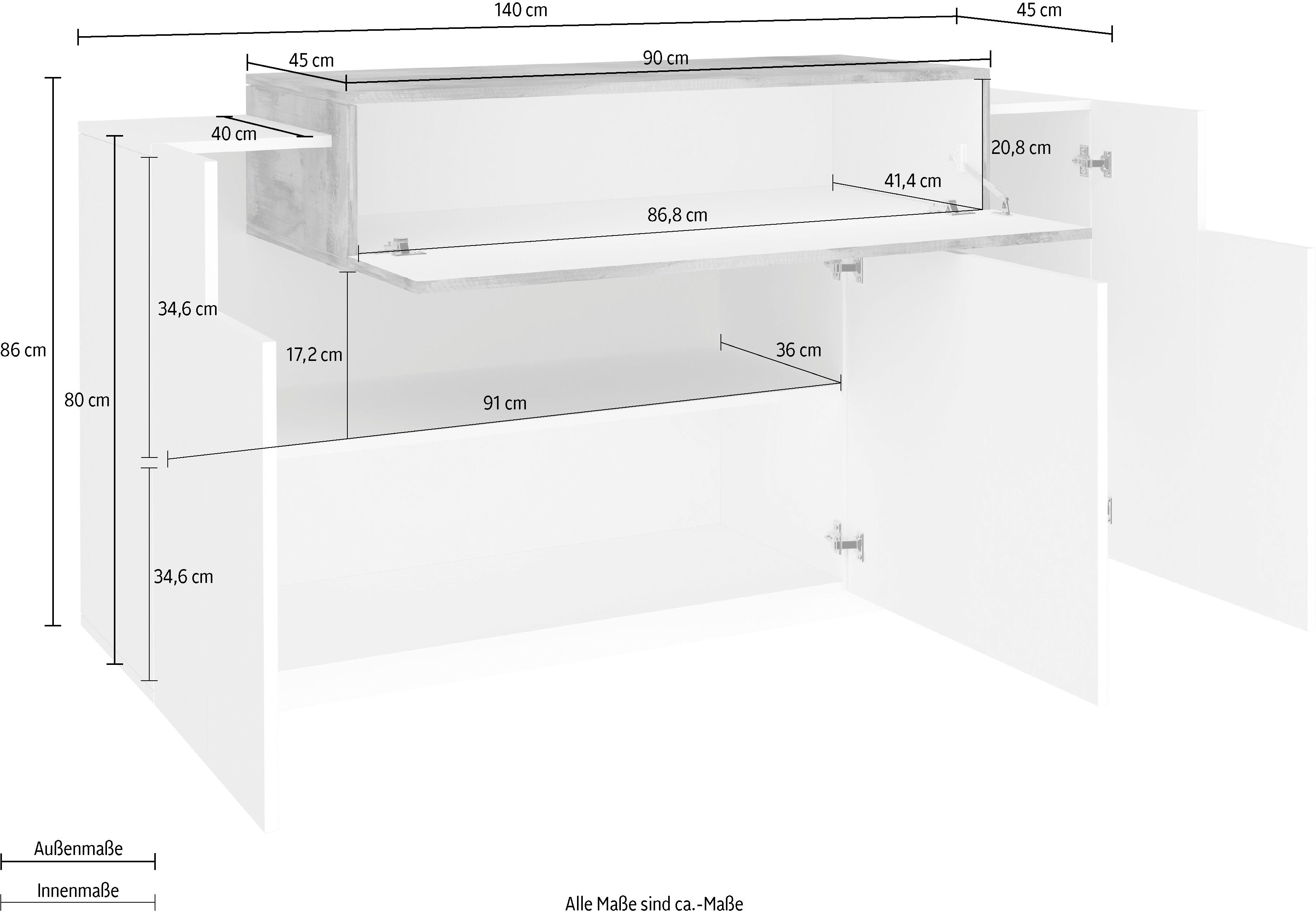 INOSIGN Kast Coro, commode, kast, buffet, greeploos 1 klep, 3 deuren, dubbele diepte hoogglans fronten, breedte 140