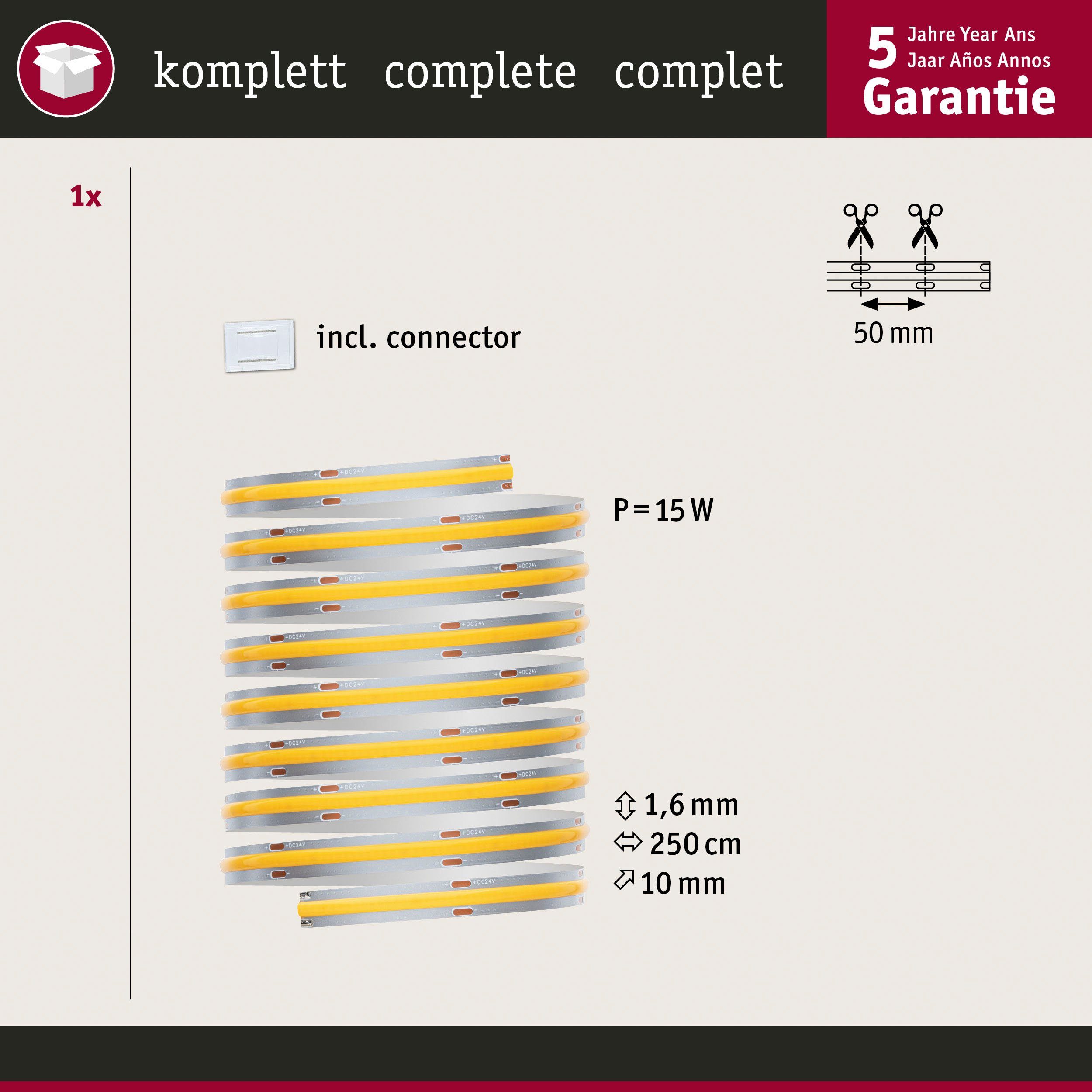 Paulmann Led-strepen MaxLED 500 Full-Line COB Enkelstrip 2,5m Warmwit 15W 1250lm 2700K (1 stuk)