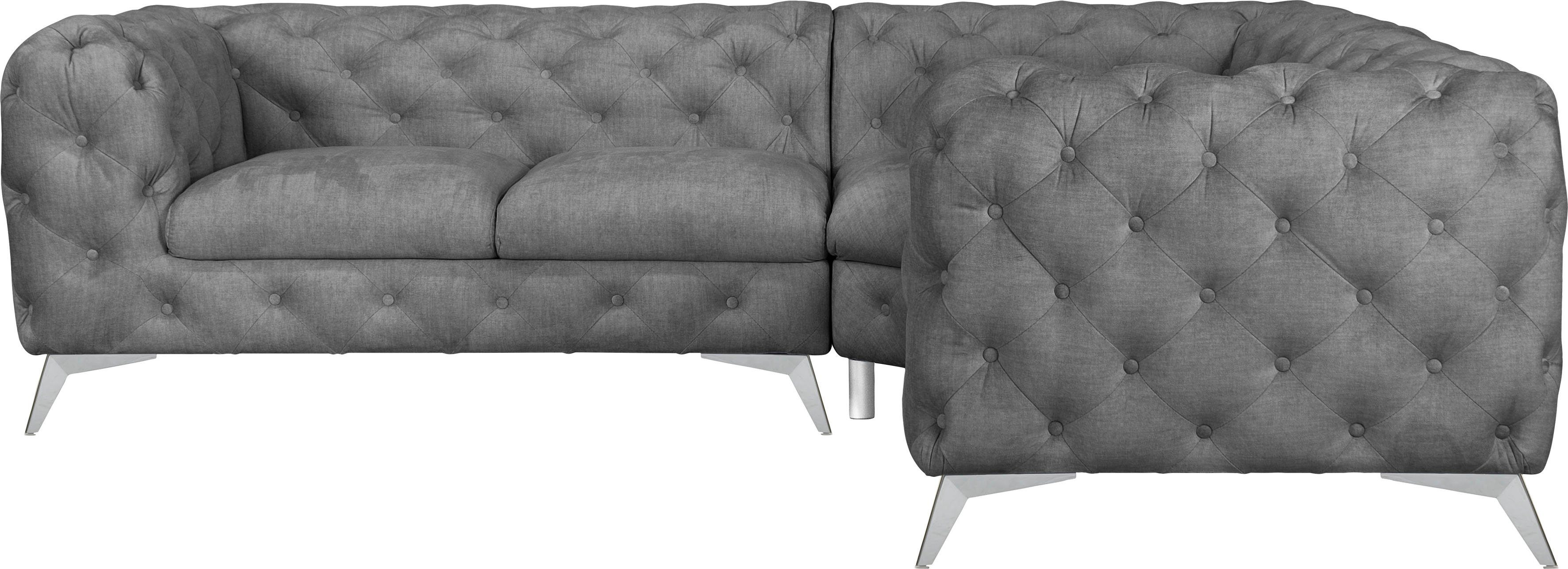 Leonique Chesterfield-bank Glynis L-vorm luxueuze capitonnage, moderne chesterfield look, kleur van de poten ter keuze grijs, chesterfield banken,
