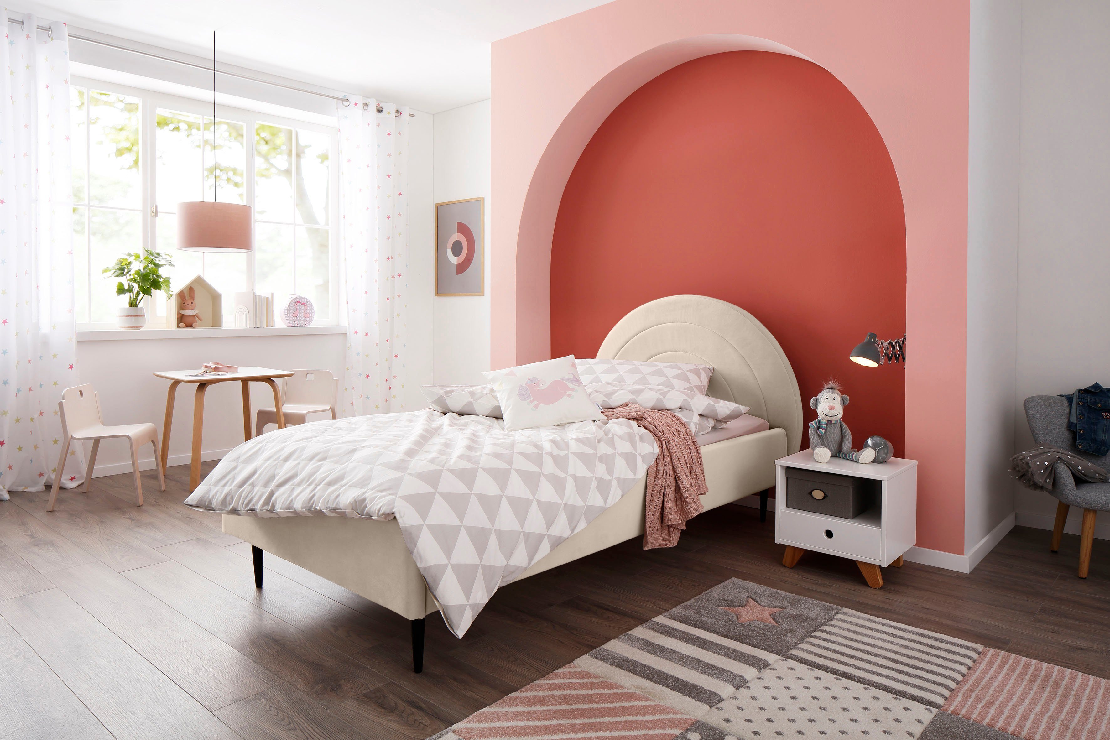 Lüttenhütt Gestoffeerd bed Femmy prettig bekleed hoofdbord met decoratief regenboogmotief