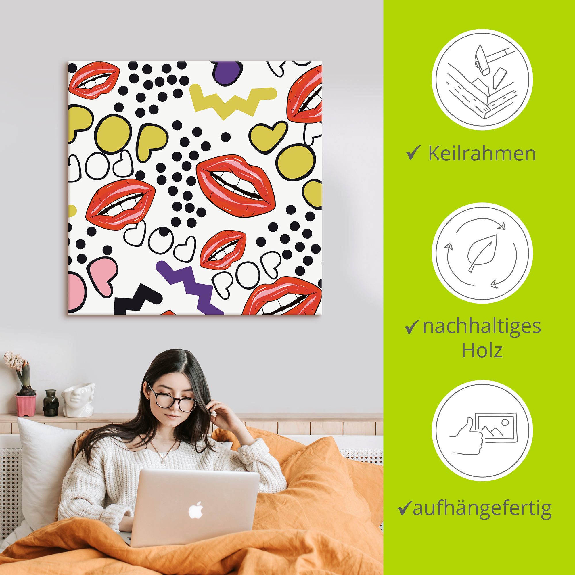 Artland Artprint op linnen Mond met popart gespannen op een spieraam