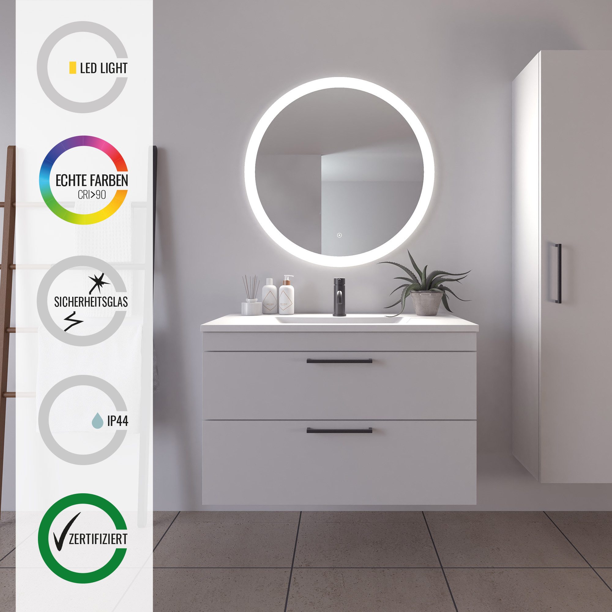 Loevschall Badspiegel Vega rond, badkamerspiegel met LED-verlichting, lichtspiegel Touchpanel voor Lichtbediening, Dimbare Spiegel, Deens Ontwerp (1 stuk)