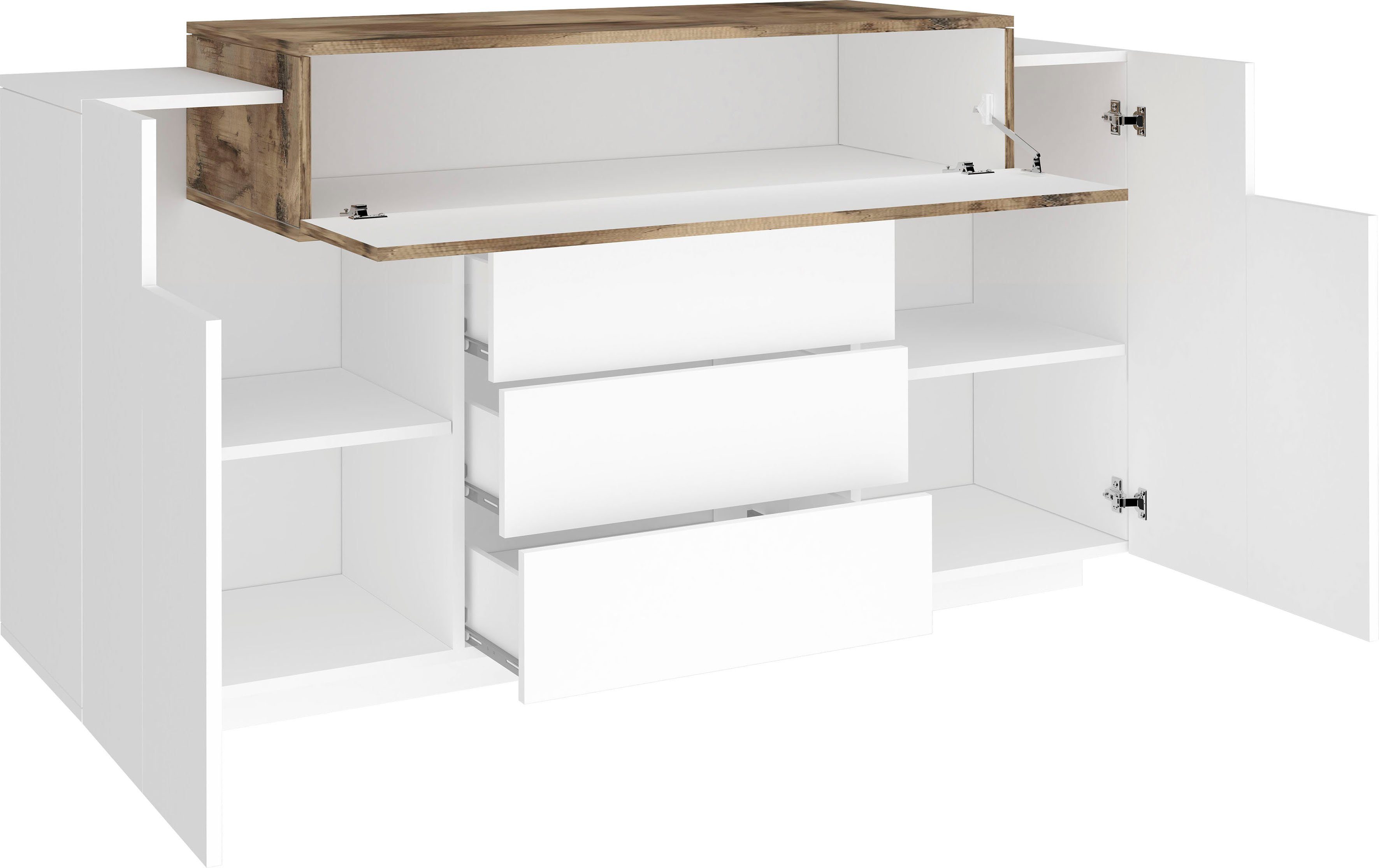 INOSIGN Kast Coro, commode, kast, buffet, greeploos 1 klep, 2 deuren, 3 laden dubbele diepte hoogglans front breedte 160