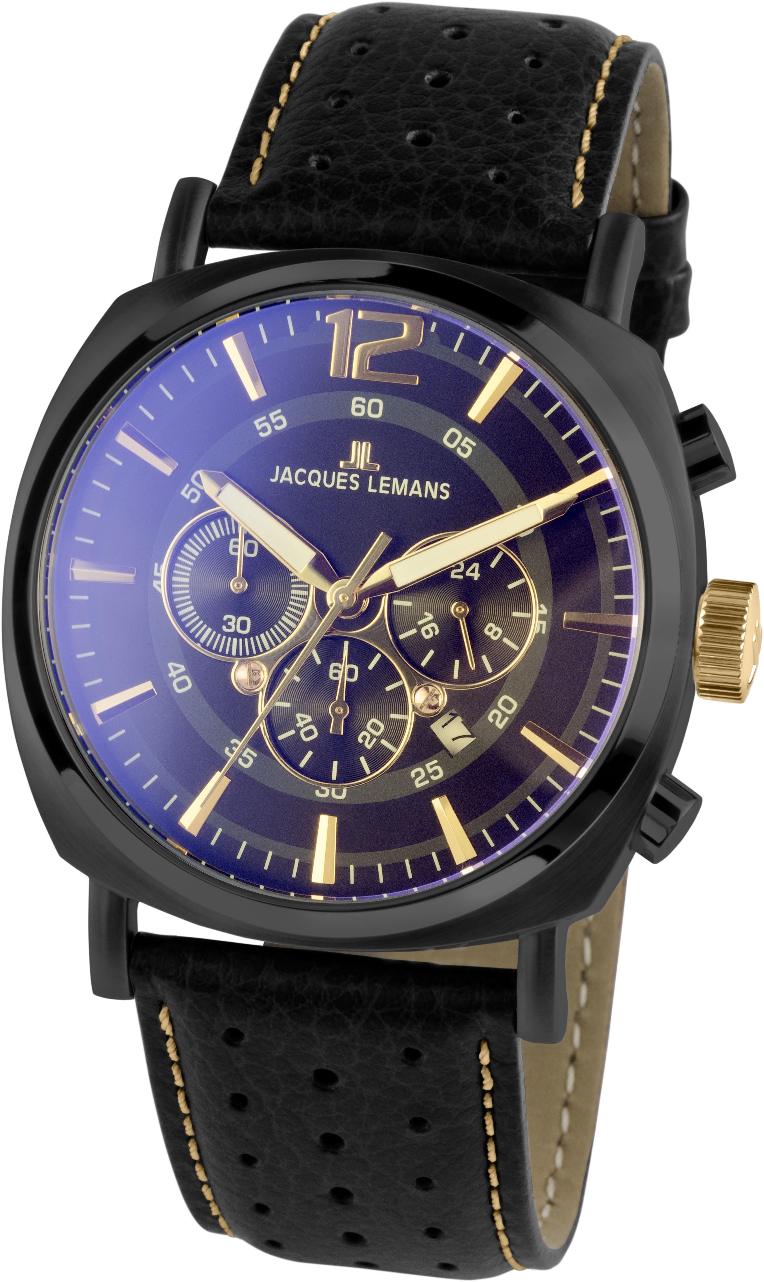 Jacques Lemans Chronograaf Lugano Quartz horloge, armbanduhr, herenhorloge, datum, stopfunctie, leren band heren horloges zwart