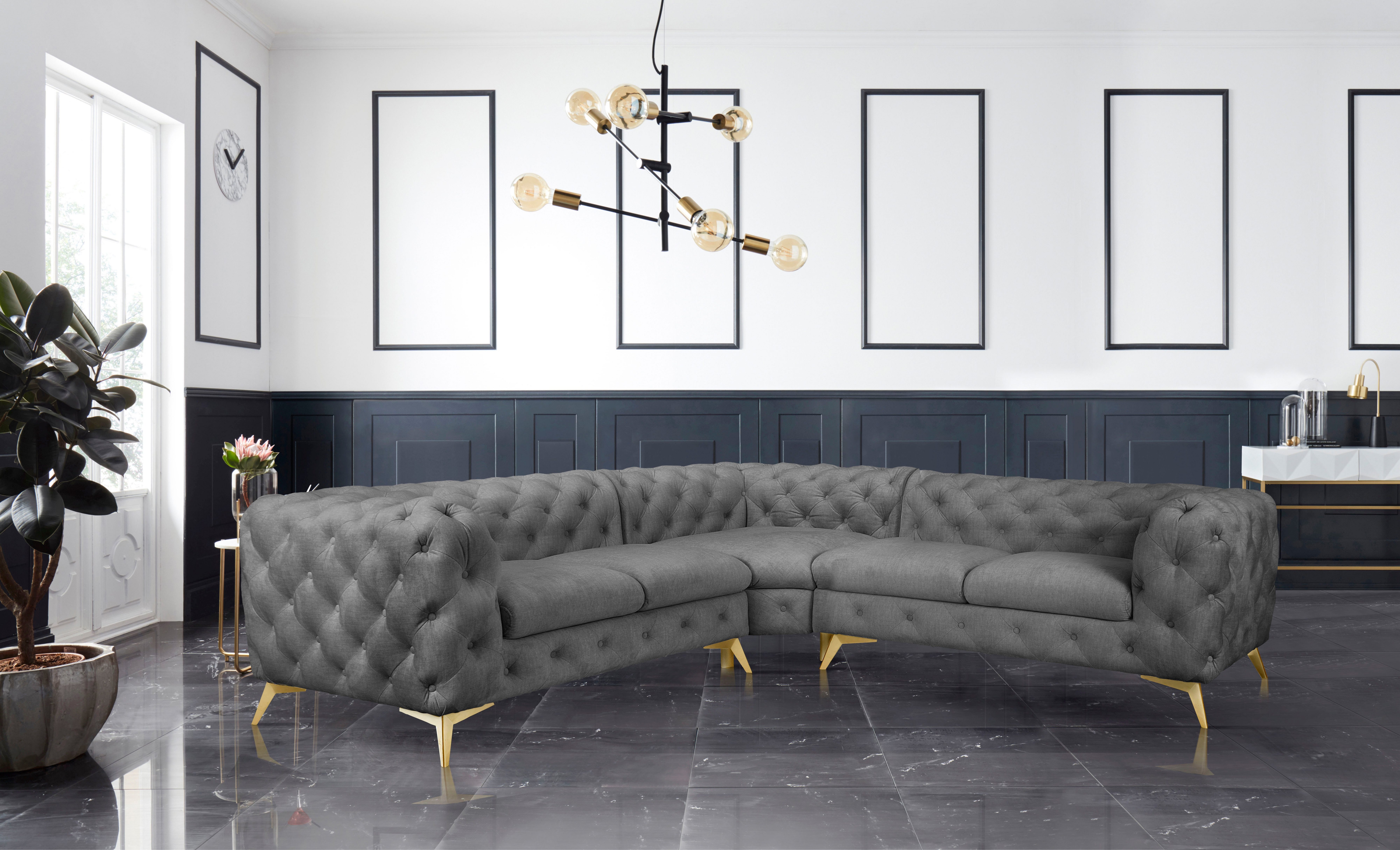 Leonique Chesterfield-bank Glynis L-vorm luxueuze capitonnage, moderne chesterfield look, kleur van de poten ter keuze
