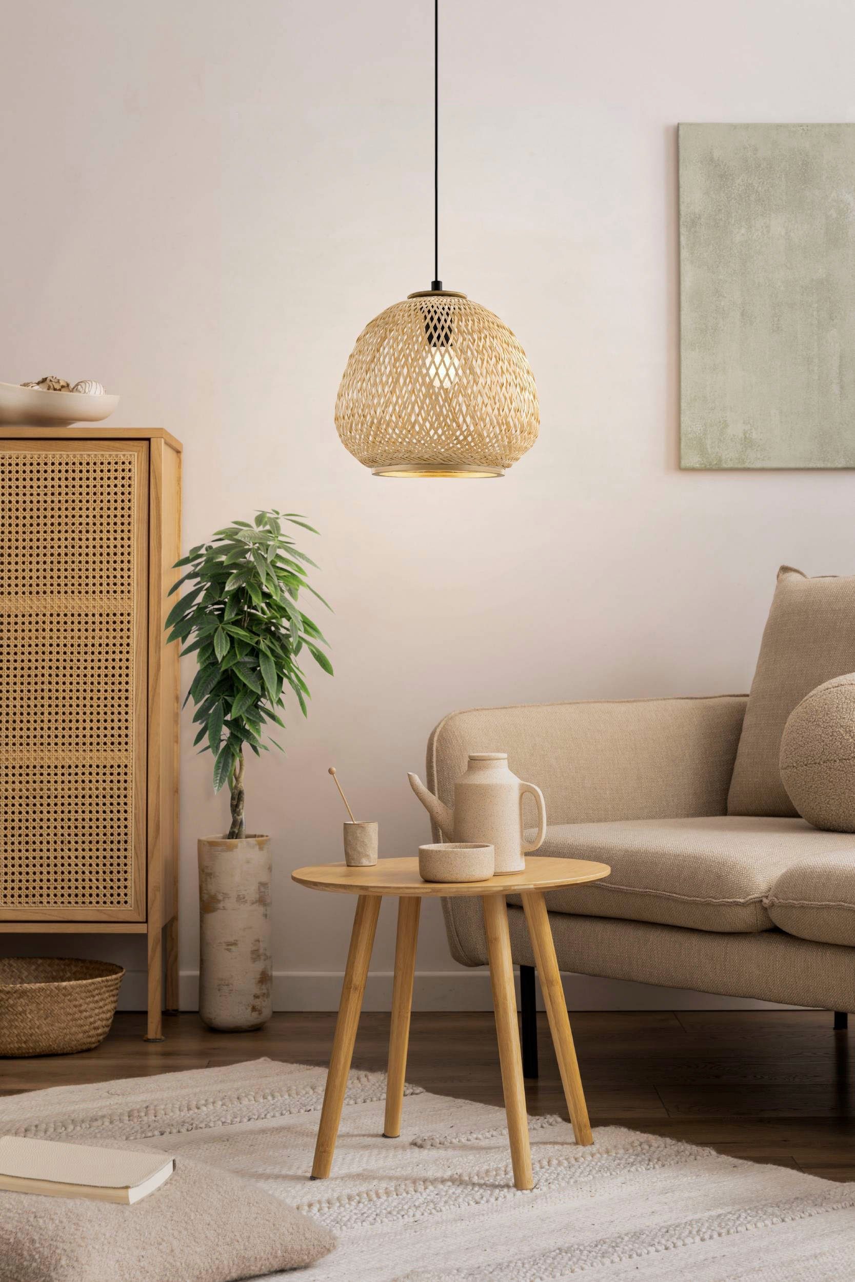 EGLO Hanglamp Dembleby Hanglamp vintage, ecru, Hygge, houten vlechtwerk, E27, Ø 32 cm