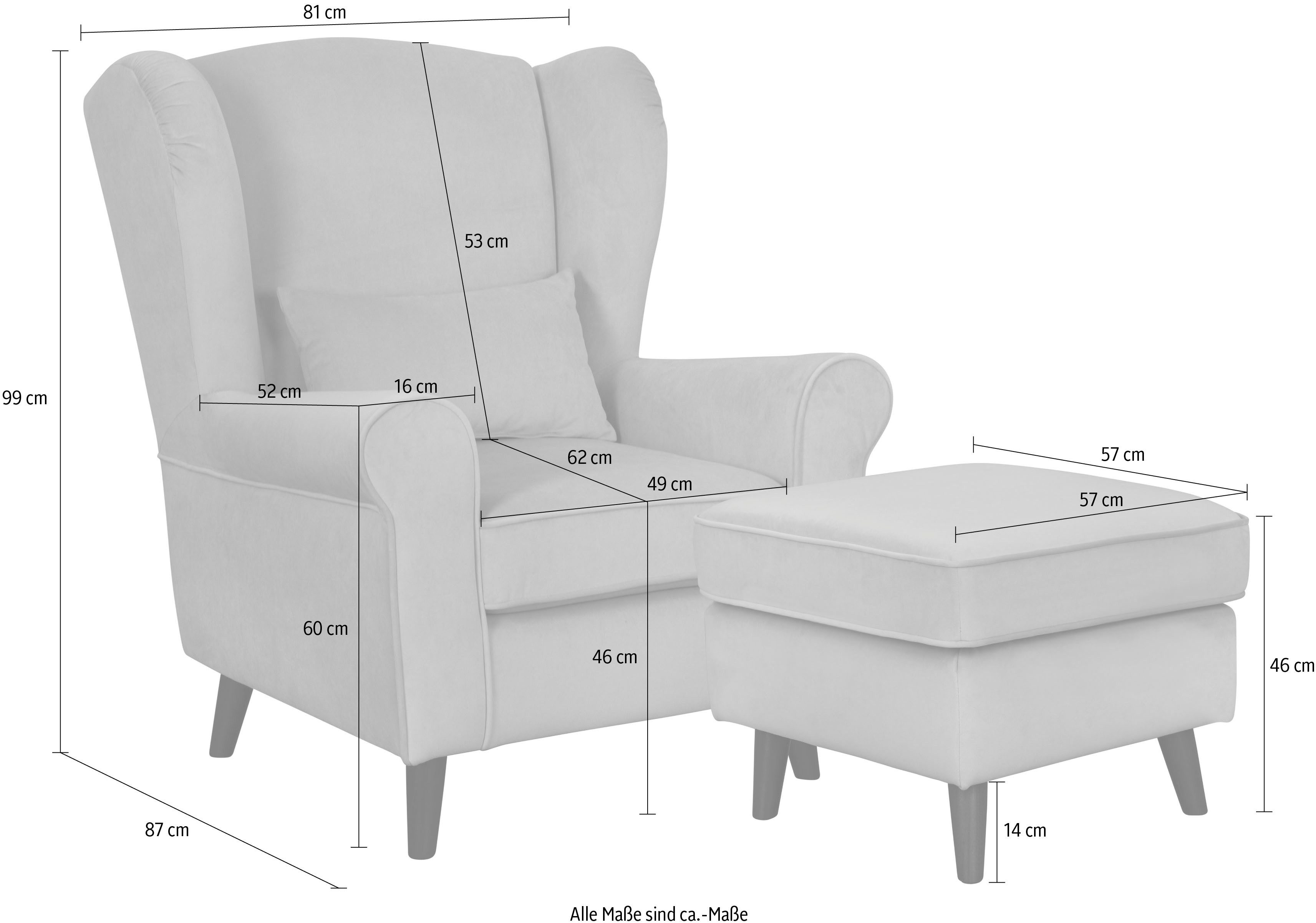 Home affaire Fauteuil Ohrensessel CHISTELLE, optioneel met poef met golfondersteuning, afmetingen: b/d/h: 81/87/99 cm
