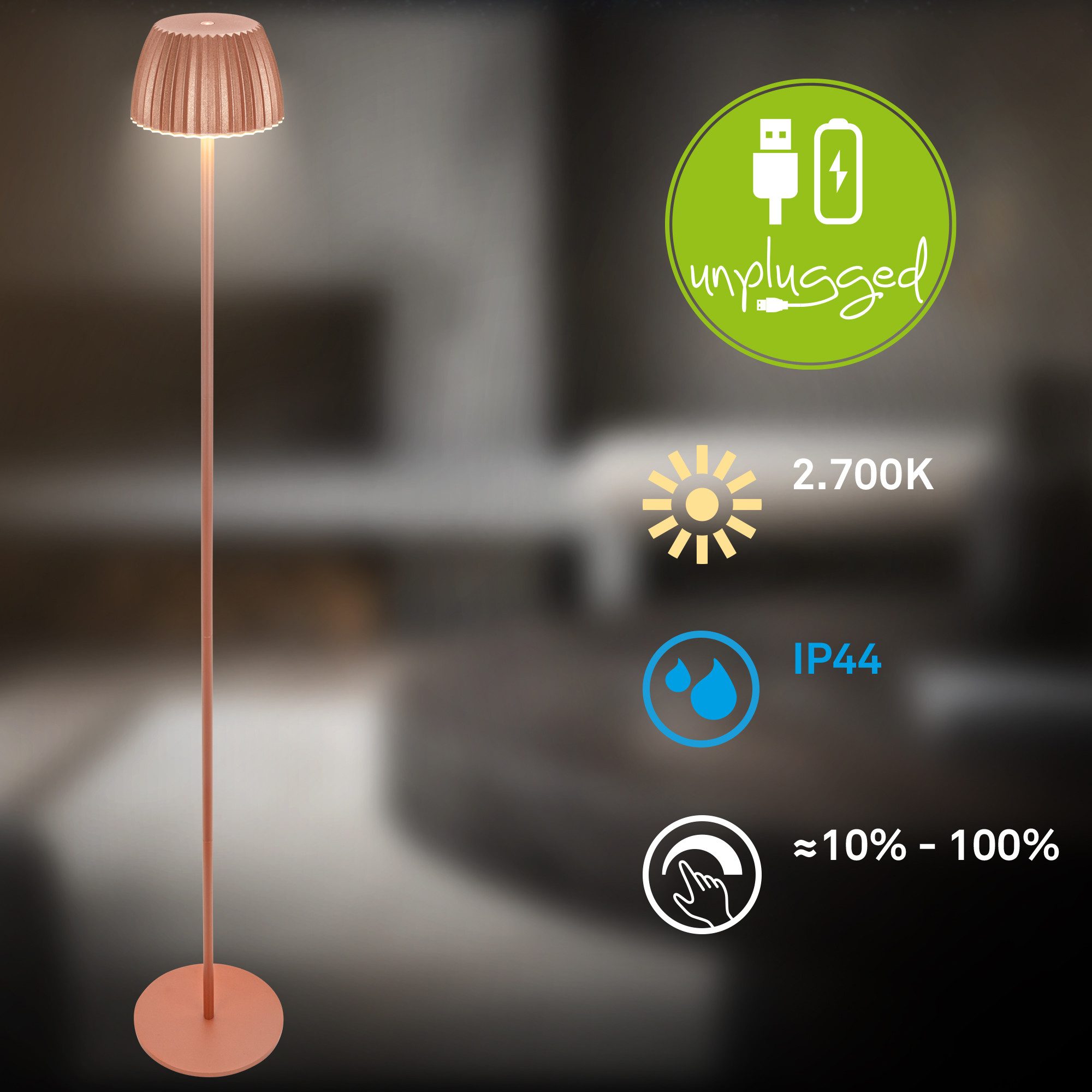 Briloner Leuchten Led-staande lamp Accu LED vloerlamp, koperkleurig