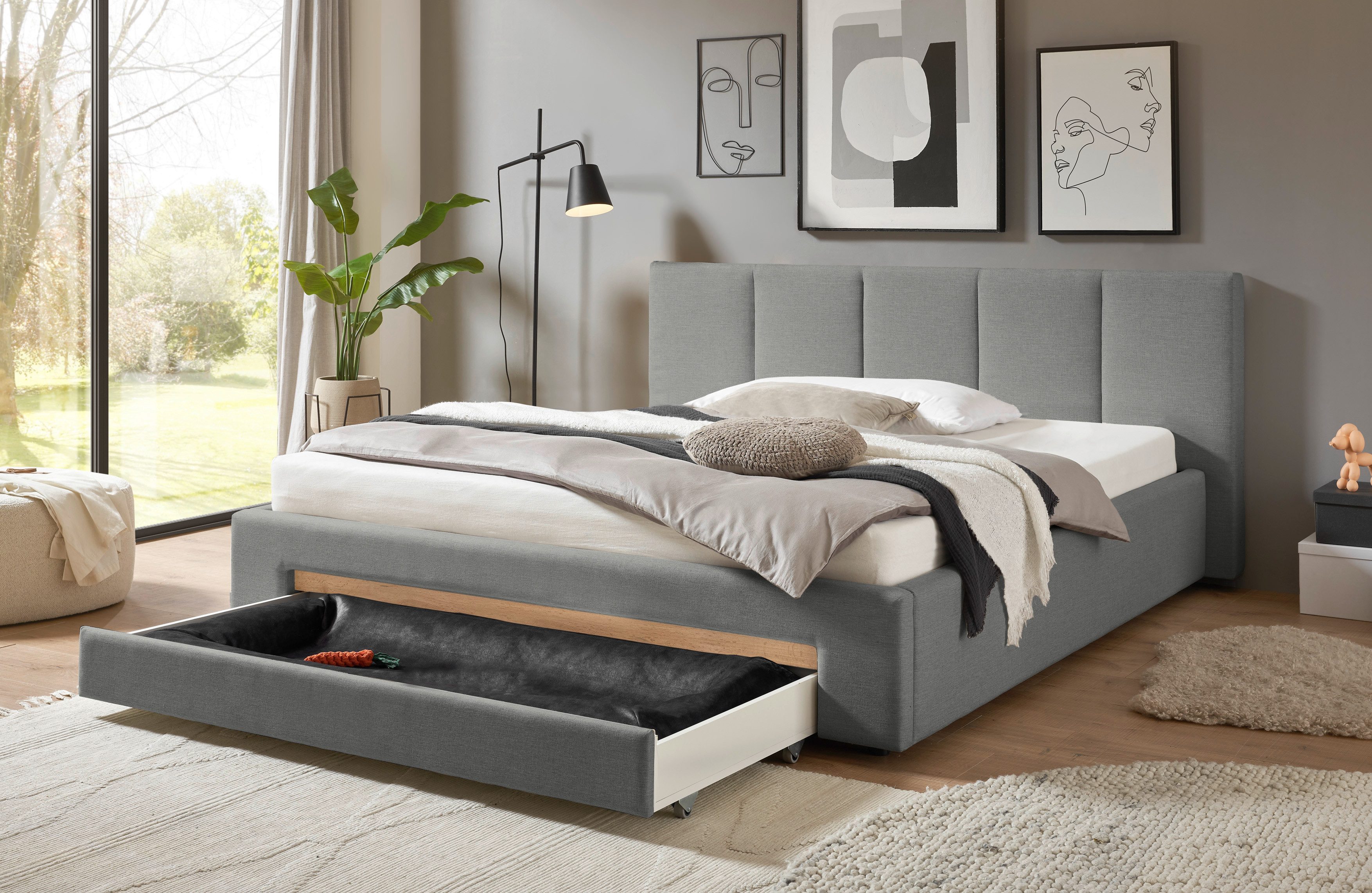 INOSIGN Gestoffeerd bed CiTY/GiRON, bedframe met bedlade, gestoffeerd opbergbed met hondenbed of opberglade, bekleding van corduroy of linnenlook