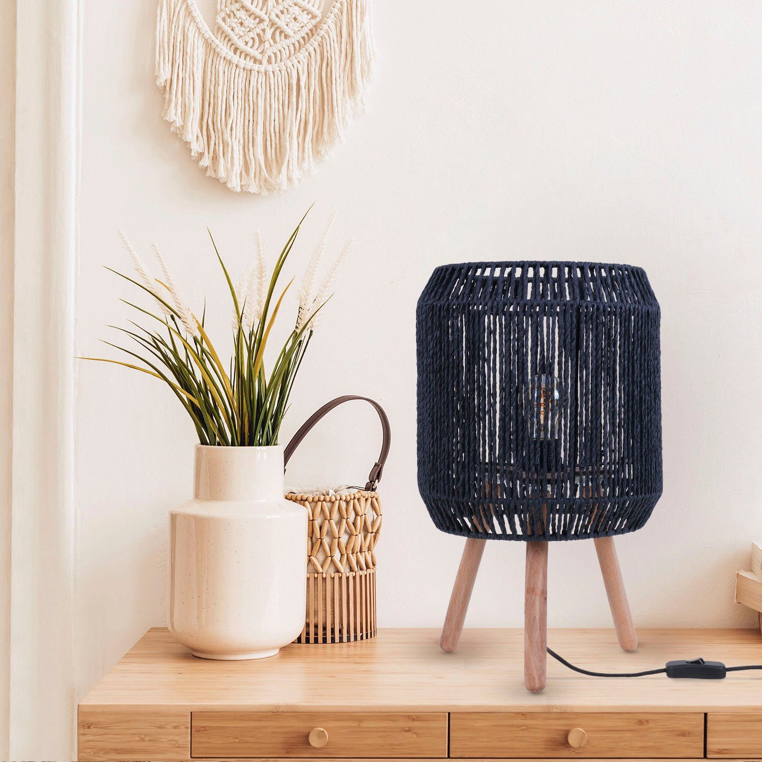 Paco Home Tafellamp Sol Boho decoratie lampenkap mand hout E27