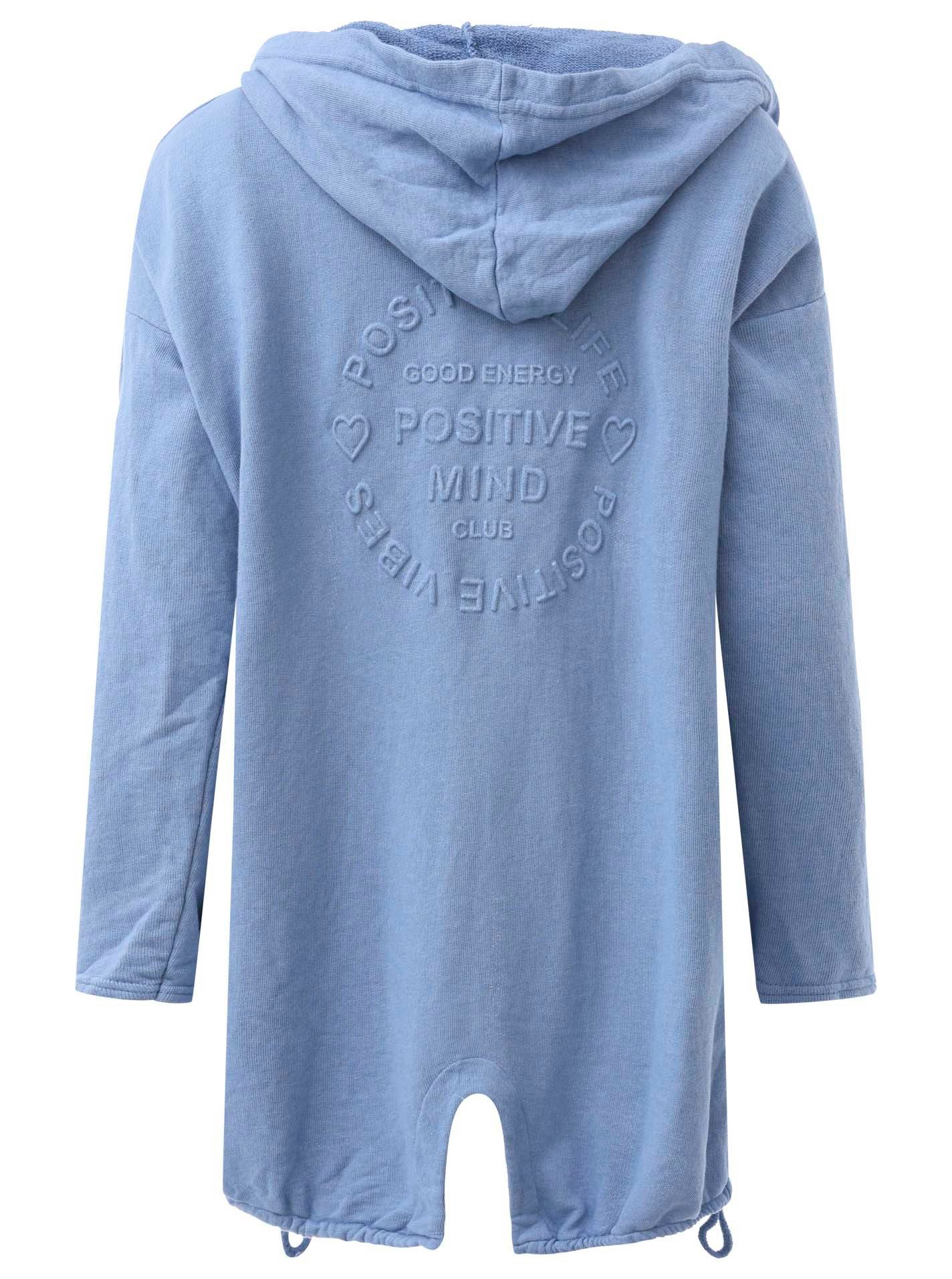 Zwillingsherz Jersey jas Positive Mind met capuchon en "positiv mind" opschrift op de achterkant