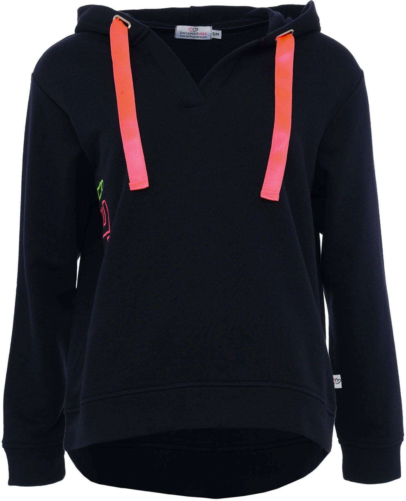 Zwillingsherz Sweatshirt Smile met brede banden, v-halslijn en details in neonkleuren