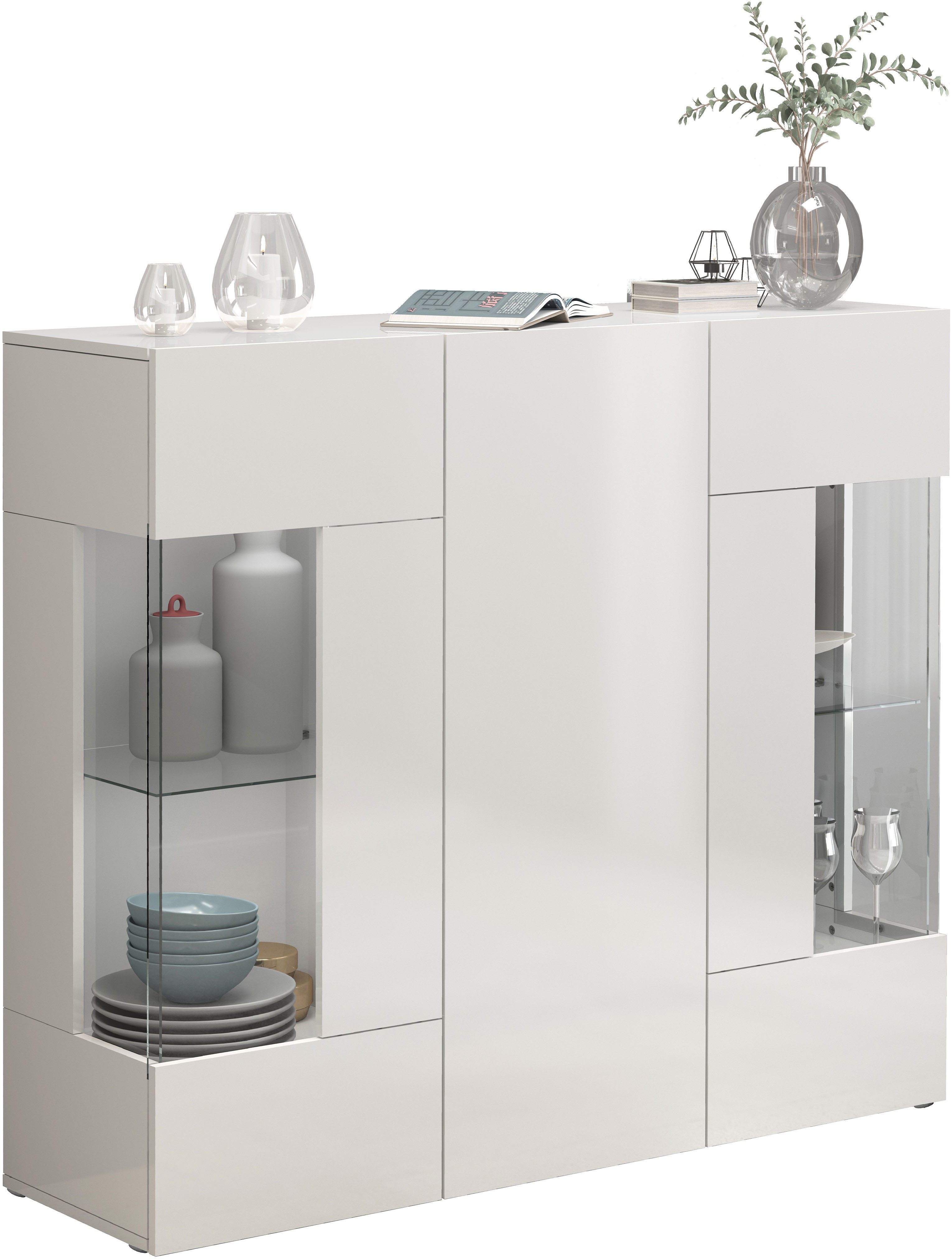 INOSIGN Highboard Egypte, Highboard, Hoge kast, Hoge ladekast, Vitrine met 3 deuren waarvan 2 met glaselement, volledig hoogglans gelakt, breedte 135