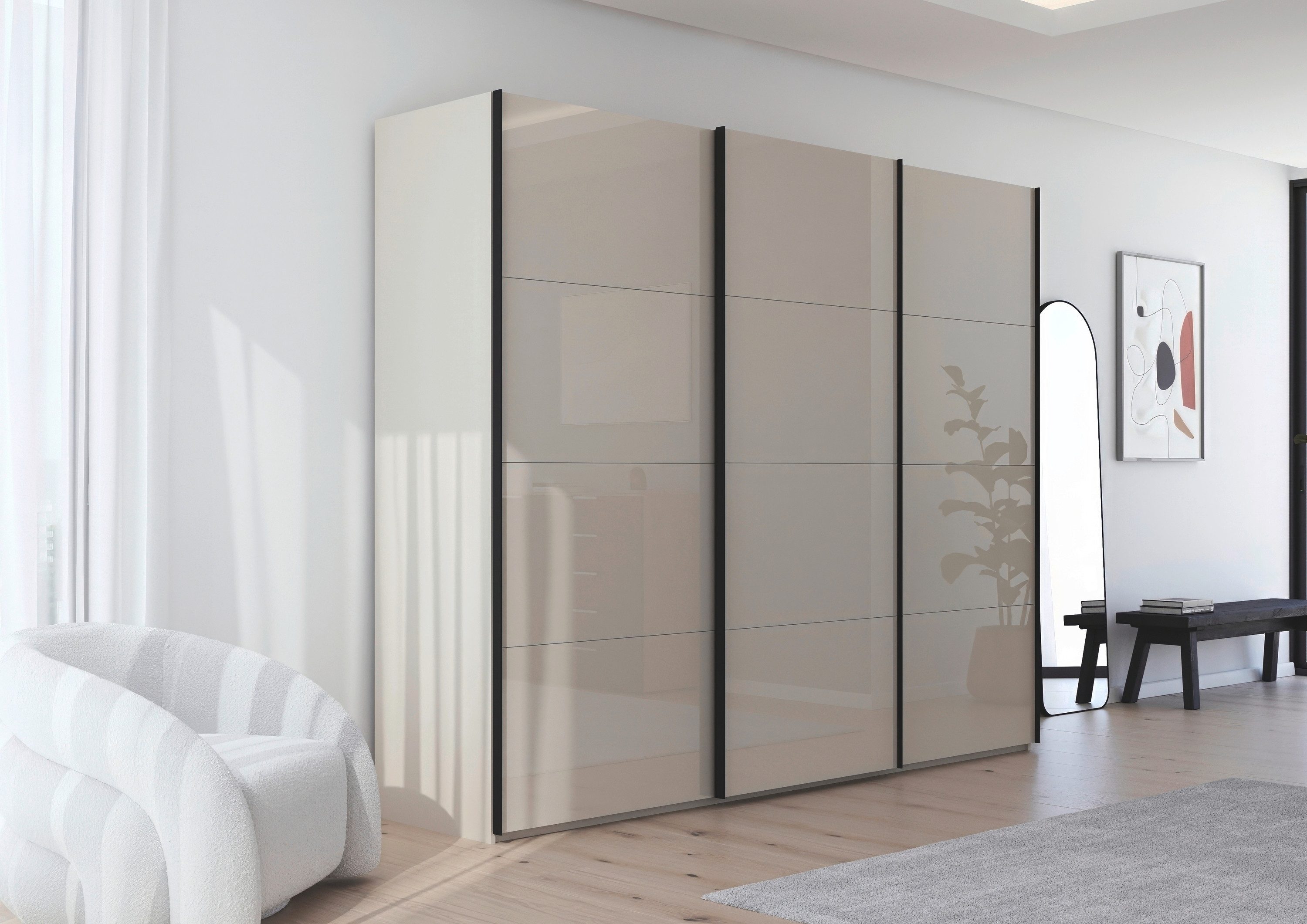 rauch Schuifdeurkast Kledingkast Kast Garderobe Slaapkamerkast SCALE-FYRA edel vierdelige deuren met glas-front veel kleuren made in germany