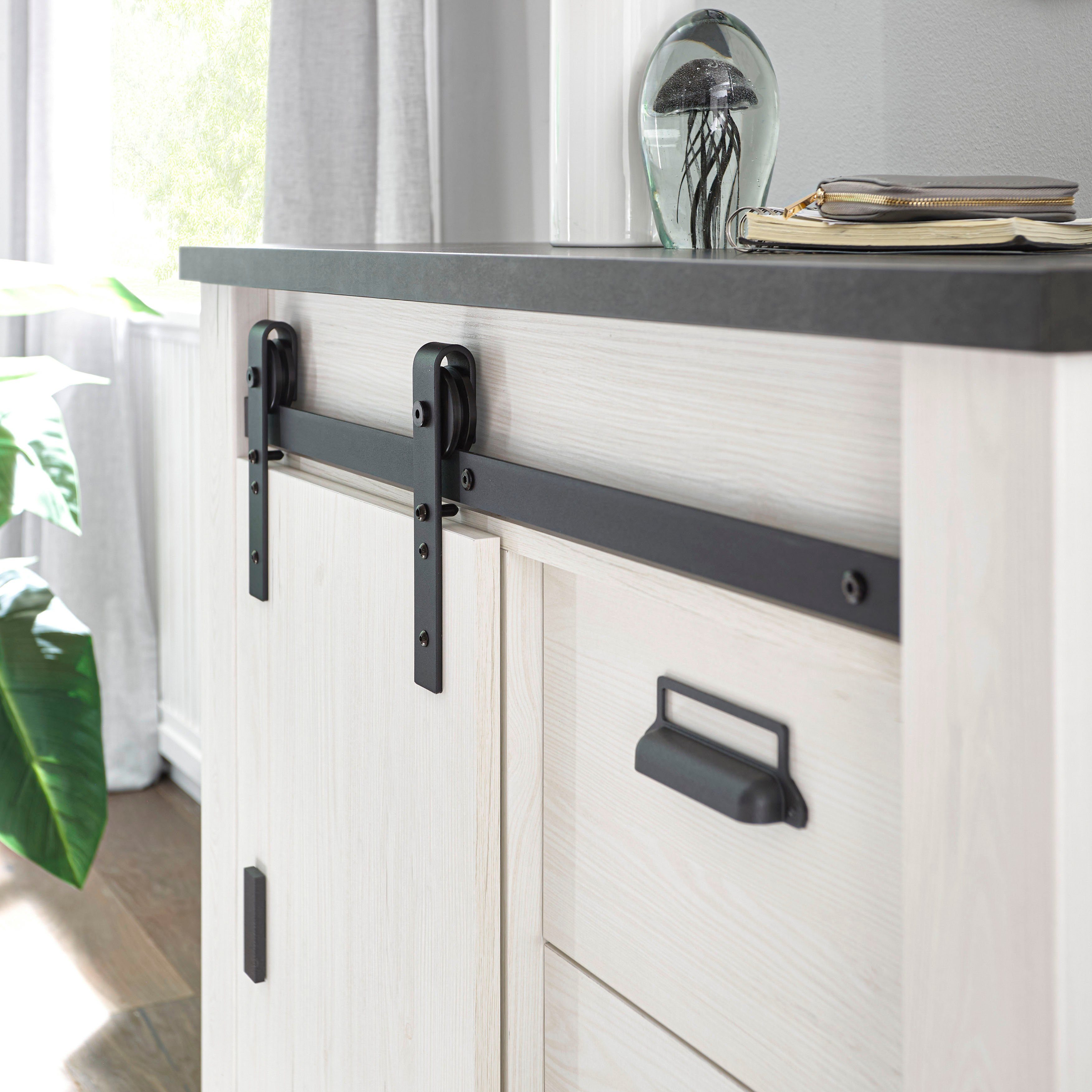 Home affaire Kast Sherwood Houtdecor, met schuurdeurbeslag en apothekersgrepen, breedte 92 cm
