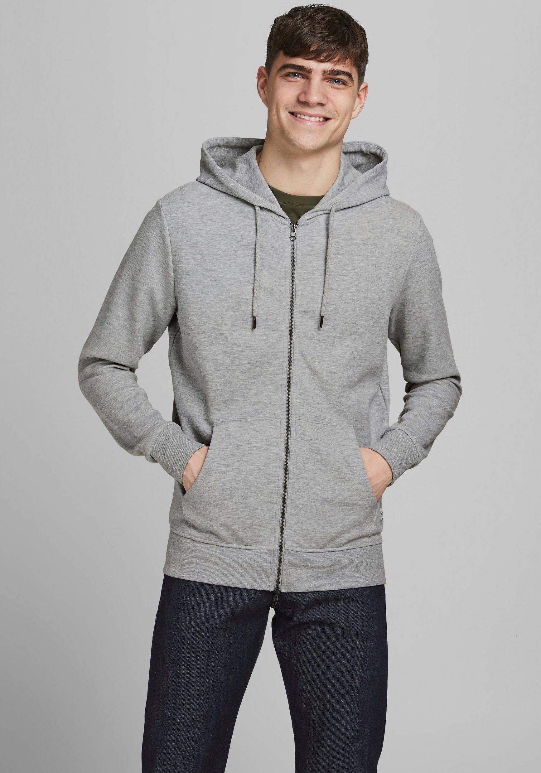 Jack & Jones Capuchonsweatvest BASIC SWEAT ZIP HOOD heren sweatvesten maat XL (52/54) grijs