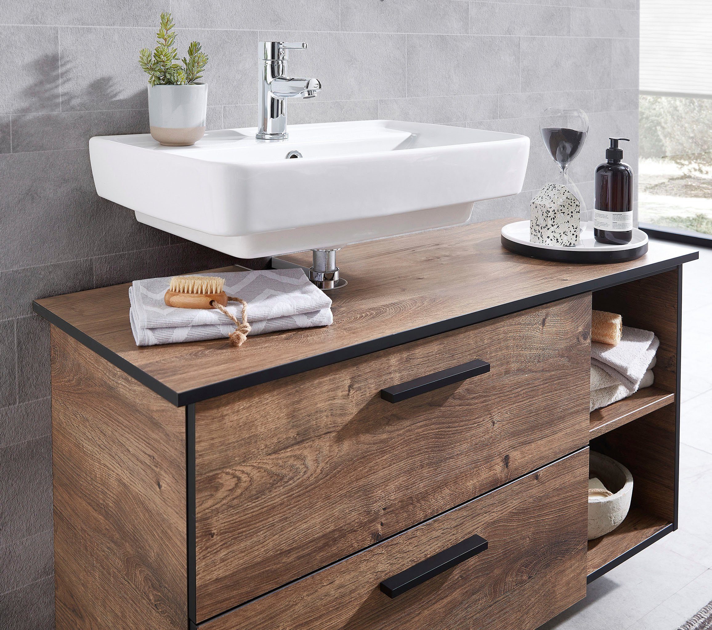 Saphir Badkamerserie Quickset 374 3-delig, wastafelonderkast met LED-spiegelkast 103 cm breed, 4 deuren, 2 laden, 2 open vakken, incl. deurdempers (5-delig)