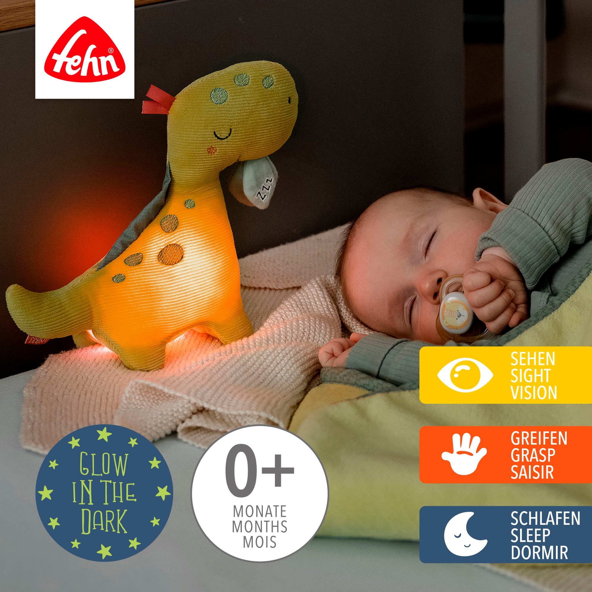 Fehn Knuffelbeest HAPPY DINO met "glow-in-the-dark"-borduursel & nachtlicht-module