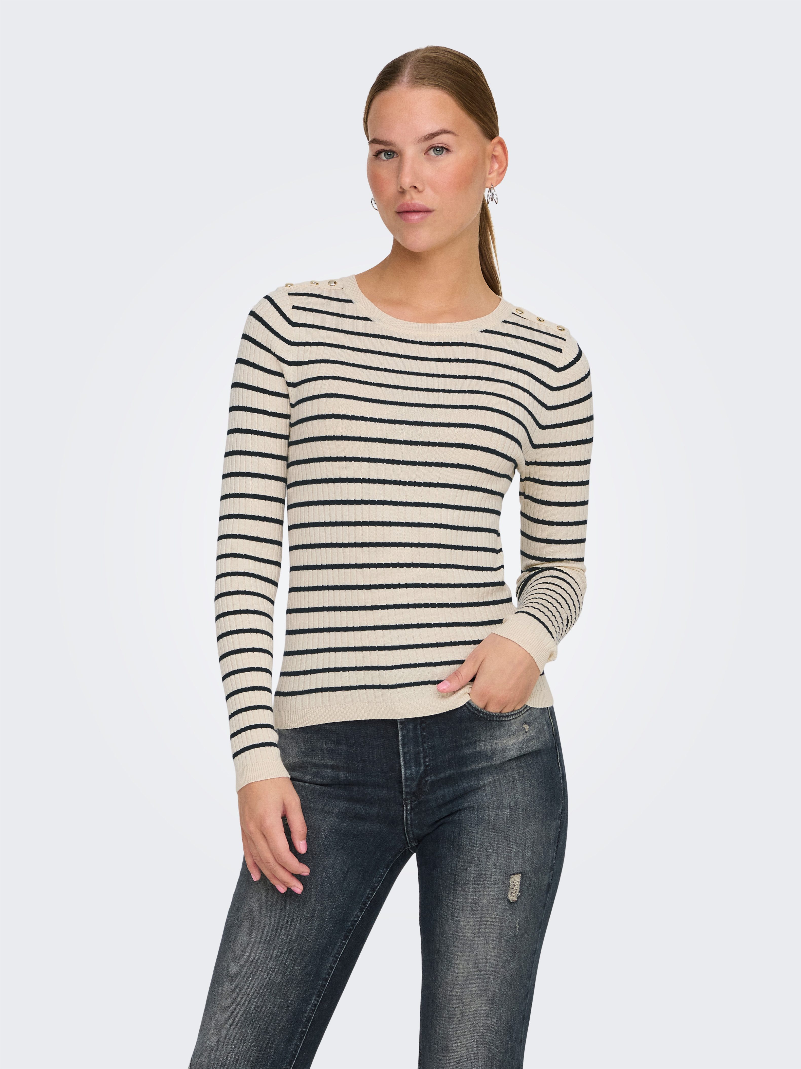 Only Gebreide trui ONLMILA LS STRIPE BUTTON O-NECK CC KNT