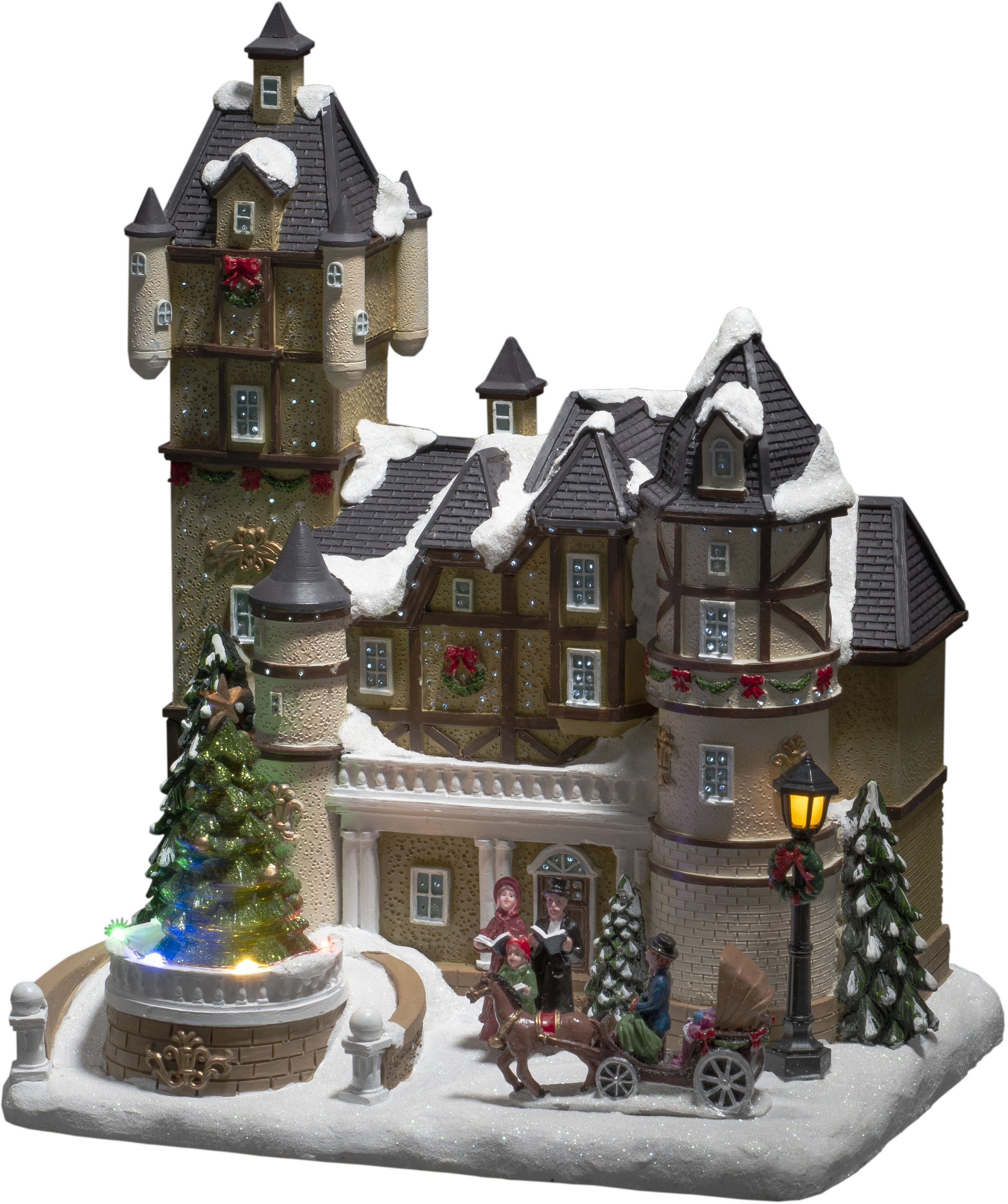 KONSTSMIDE Kerstfiguur Kerst versiering Ledhuis in fiber-look met kasteel + roterende kerstboom, met muziek (1 stuk)