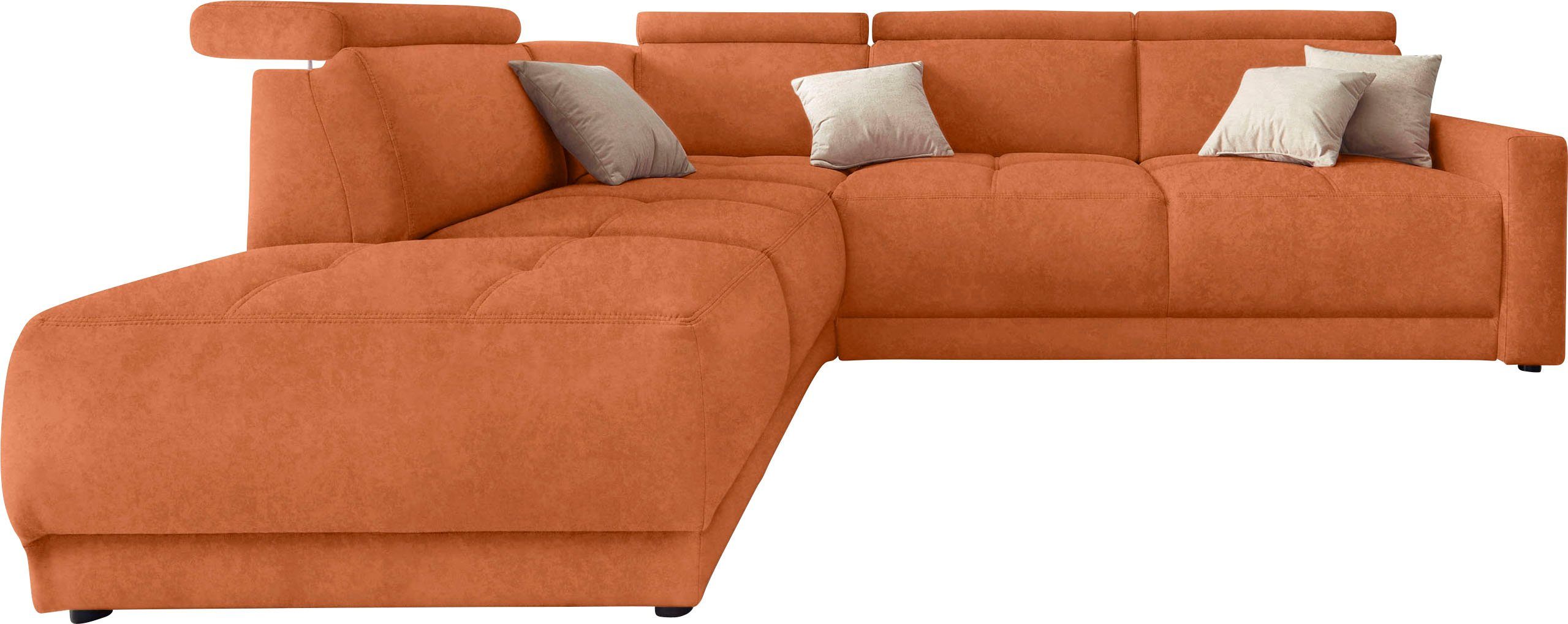 DOMO collection Hoekbank Ava, moderne zitstiksels met mooie dubbele naad, comfortabel, L-vorm met ottomane, inclusief veren, optioneel met hoofdeinde verstellingen