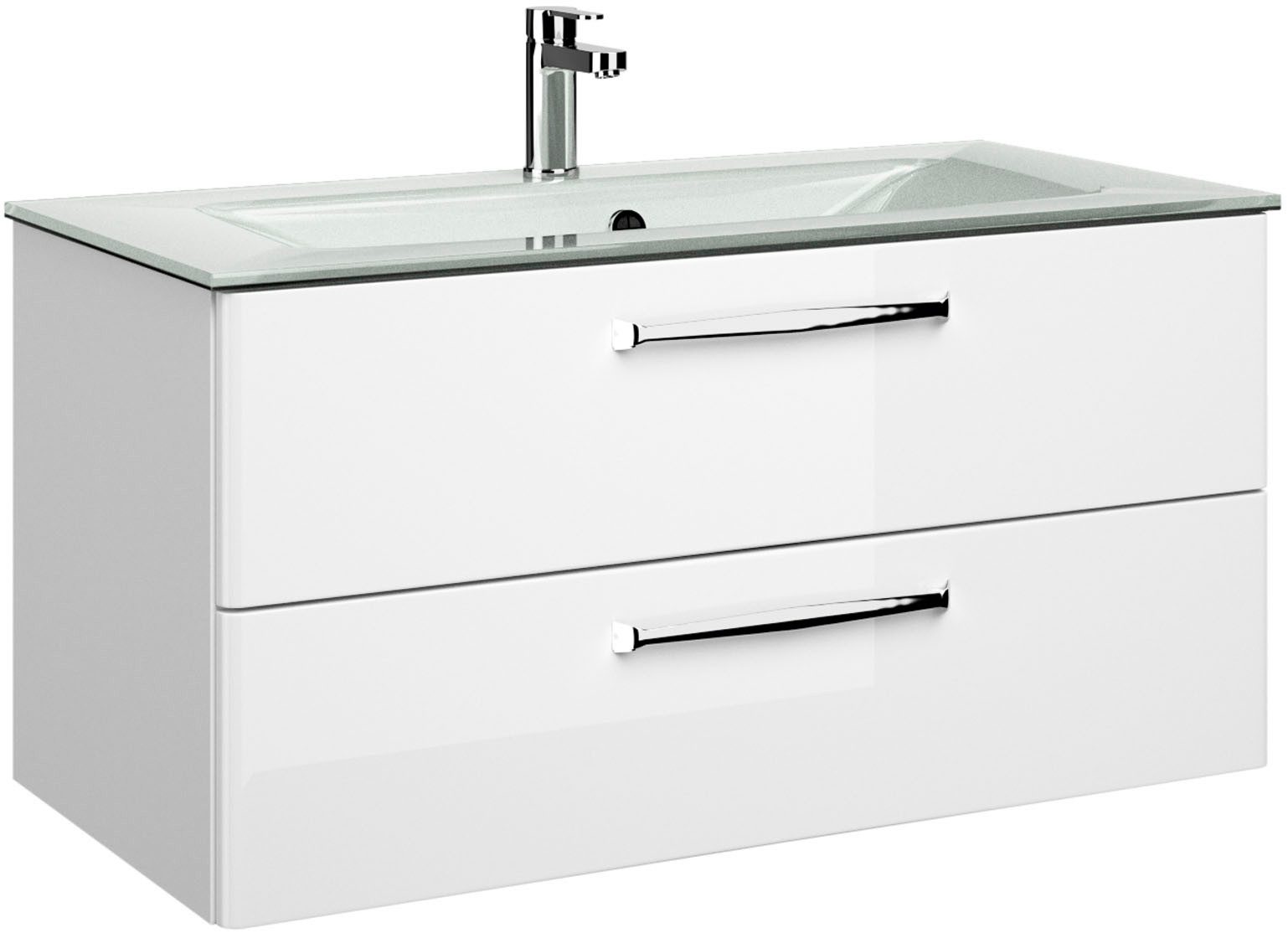 Saphir Badmeubelset Trentino 2-delig glazen wastafel, spiegelkast met LED-verlichting Badkamermeubel-set 107cm breed, incl. deurdemper, 3 deuren, 2 lades (3 stuks)