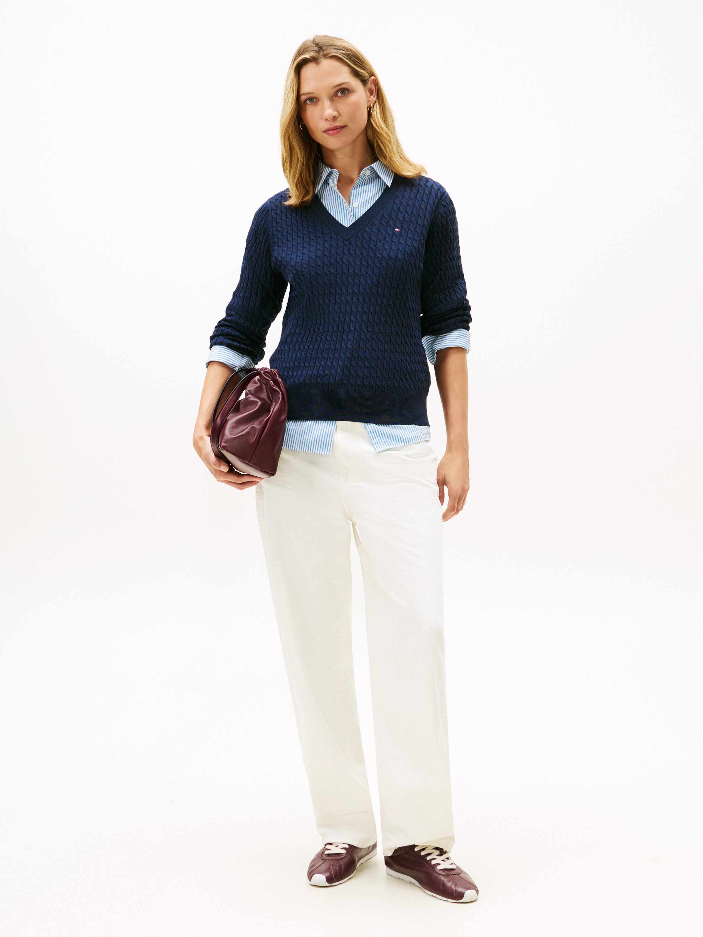 Tommy Hilfiger Trui met V-hals CO CABLE V-NK LS SWT met kabelpatroon, logo-borduursel