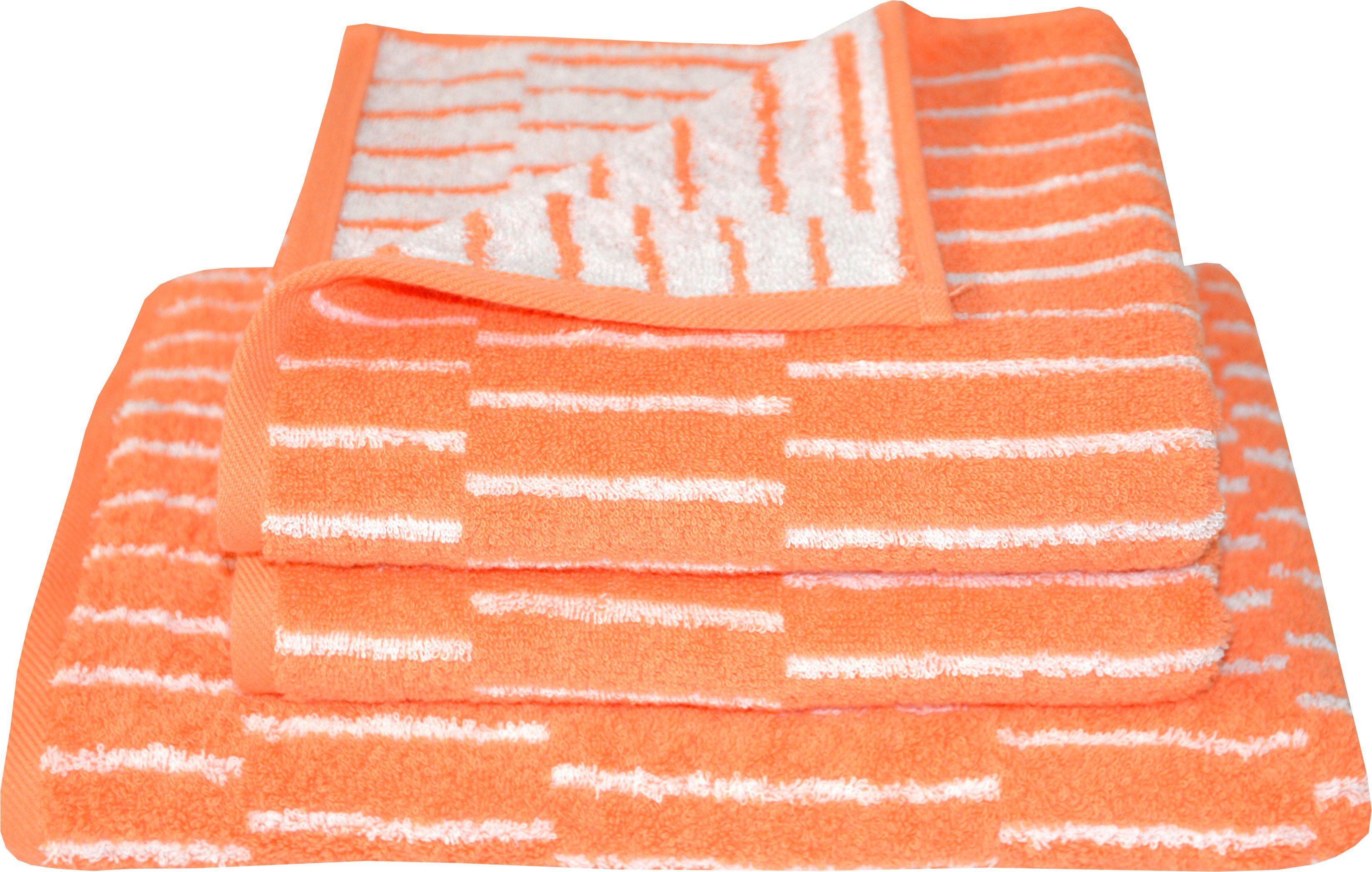 Dyckhoff Handdoekenset New Coral Panels 2 handdoeken (50x100 cm) en 1 badhanddoek (70x140 cm) (set, 3-delig) handdoeken oranje