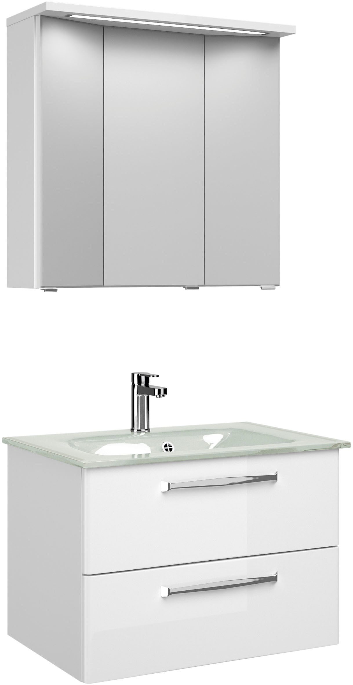 Saphir Badmeubelset Trentino 2-delig glazen wastafel met LED-spiegelkast Badkamermeubel-set 77cm breed, incl. deurdemper, 3 deuren, 2 lades (3 stuks)