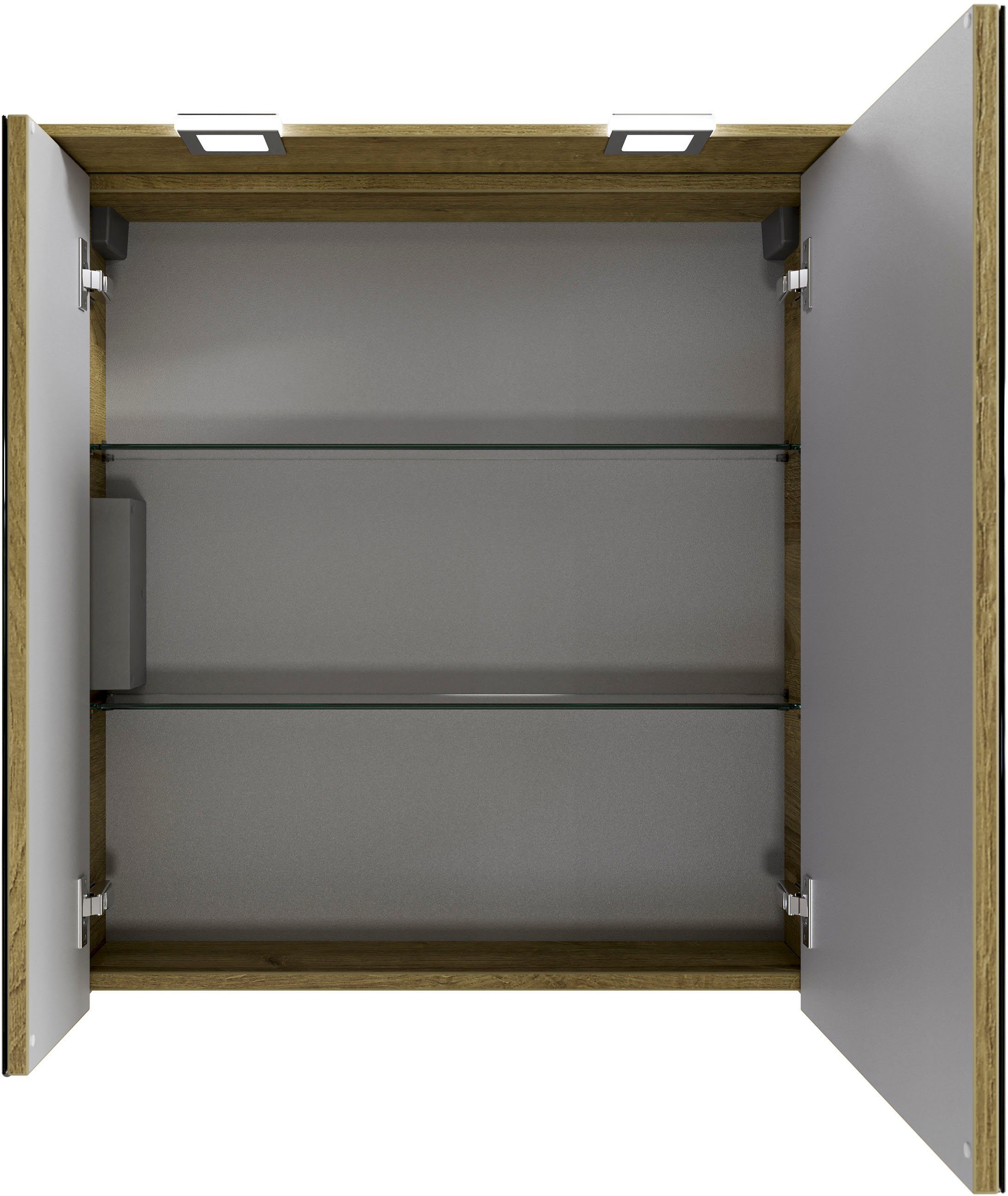 Saphir Badkamerserie Serie 6025 2-delig, mineraalmarmeren wastafel met led-spiegelkast Wastafelmeubel 67 cm breed, 2 laden, 2 spiegeldeuren, incl. deurdemper (2-delig)