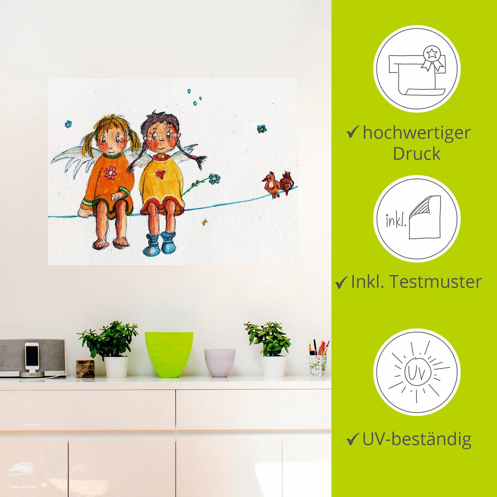 Artland Artprint Twee engeltjes zitten op de waslijn als artprint op linnen, muursticker in verschillende maten