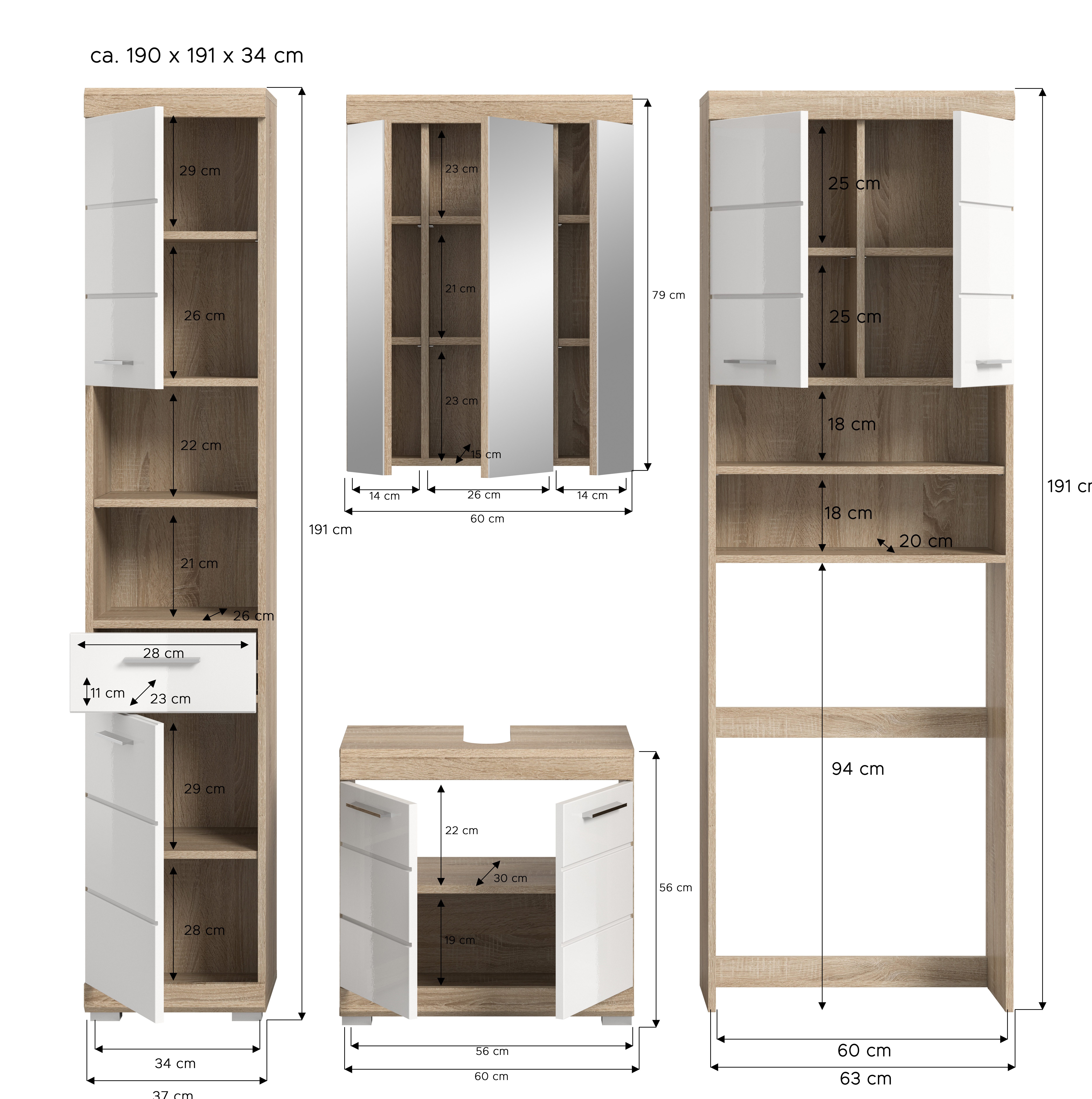 INOSIGN Badkamerserie Siena, 4-delig, bestaande uit: Hoge kast, WBU, spiegelkast, wasmachine ombouwkast (set, 4-delig)
