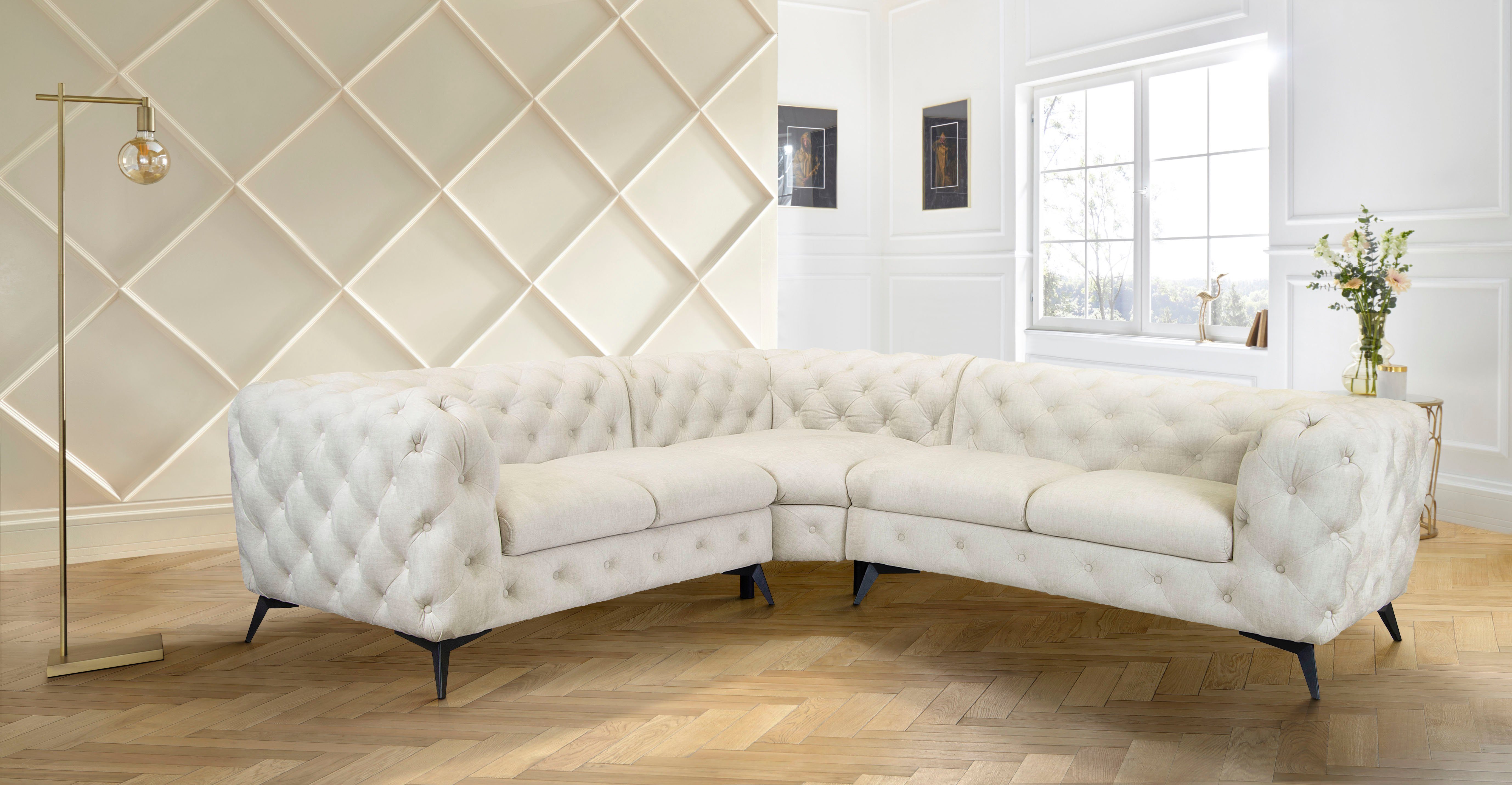 Leonique Chesterfield-bank Glynis L-vorm luxueuze capitonnage, moderne chesterfield look, kleur van de poten ter keuze